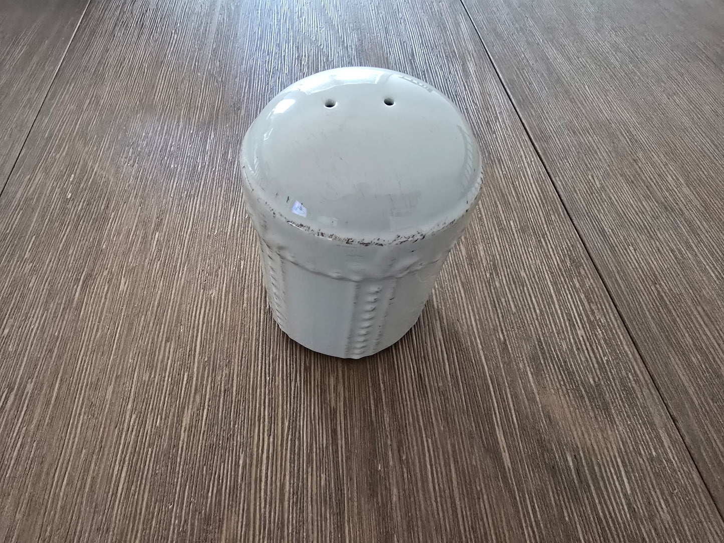 Rustic Ceramic Salt & Pepper Shakers Set | White Distressed | Pre-Owned