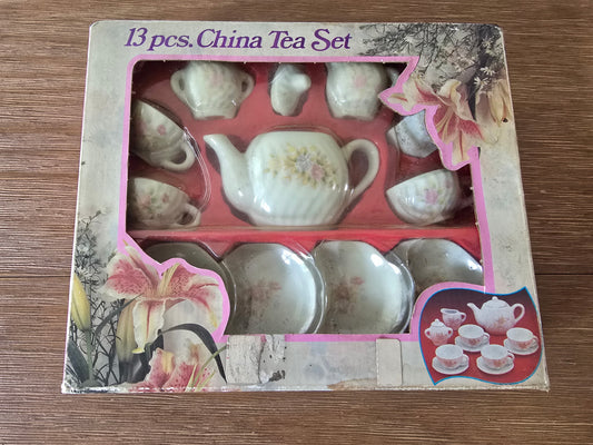 Vintage 13 Piece China Children’s Tea Set in Original Box – Floral Miniature Toy Tea Set