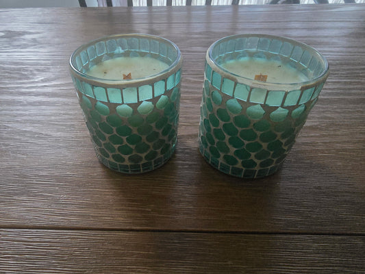 Mosaic Glass Candles – Turquoise & White (Set of 2