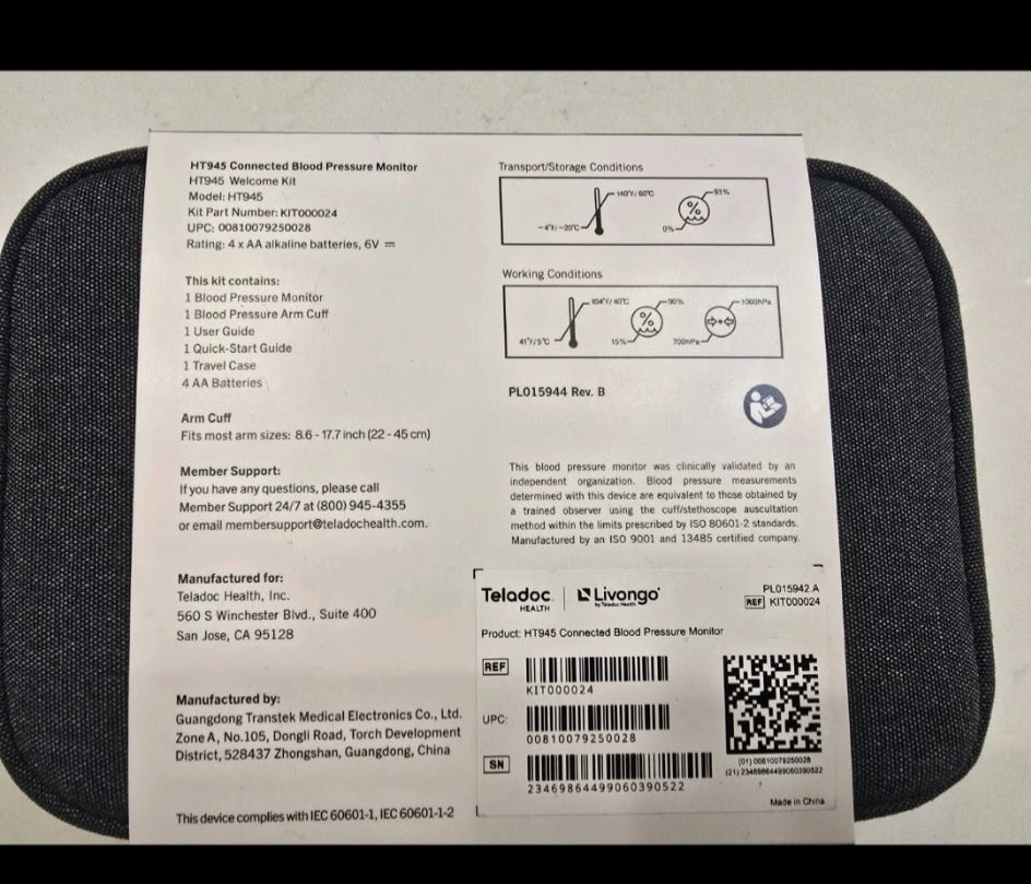 Teladoc Livongo HT945 Connected Blood Pressure Monitor w Cuff Case Batteries