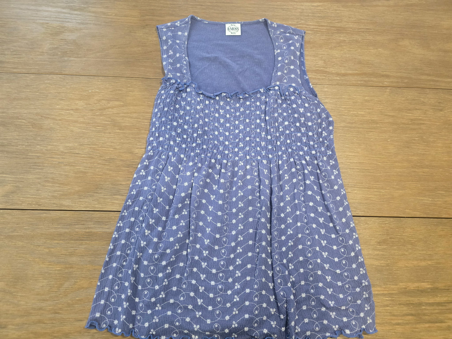 VTG B. Moss Y2K Smocked Babydoll Tank Top Periwinkle Floral Lettuce Hem Fairy M