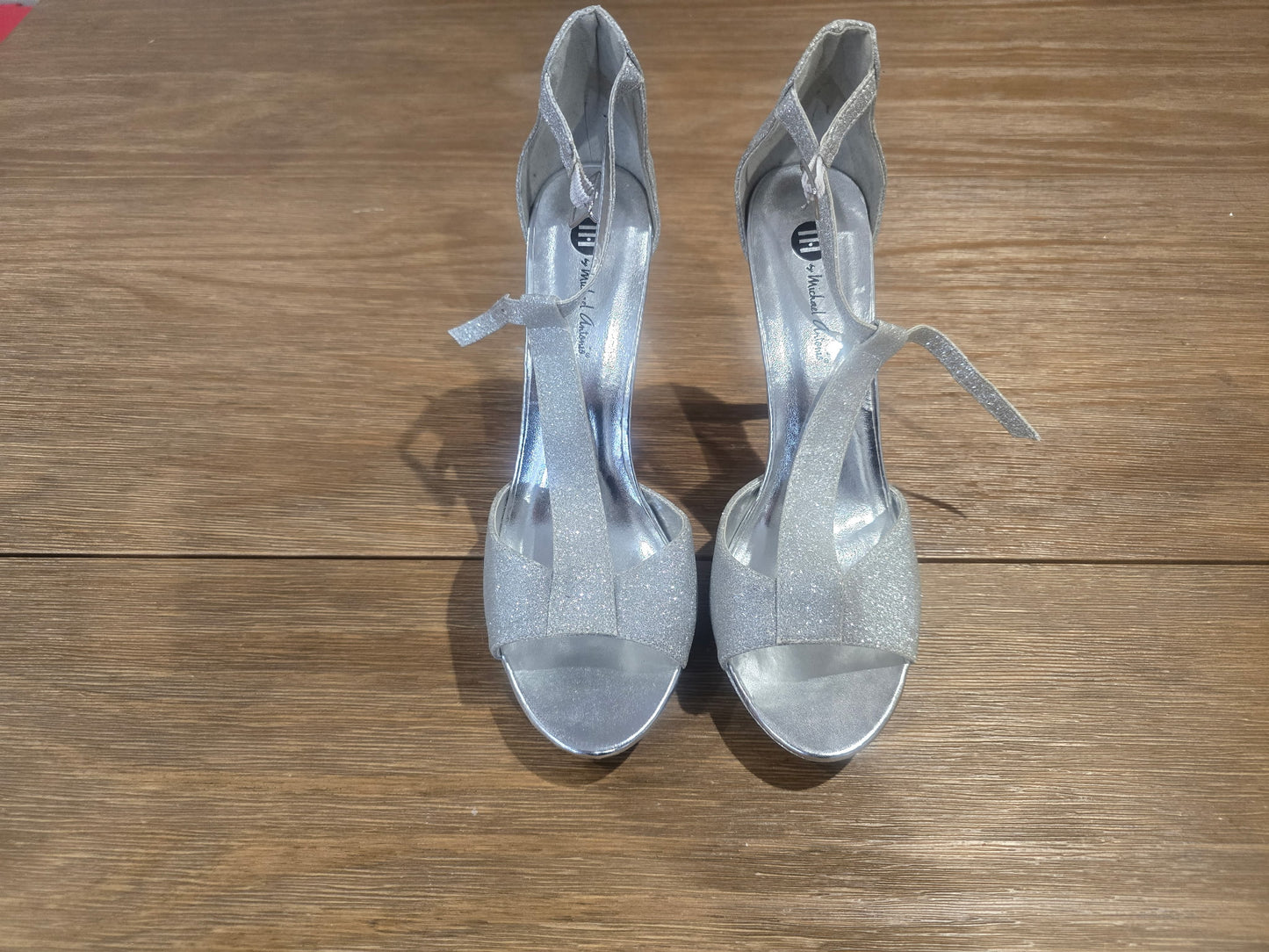 Michael Antonio Silver Glitter T-Strap Heeled Sandals Prom Party Size