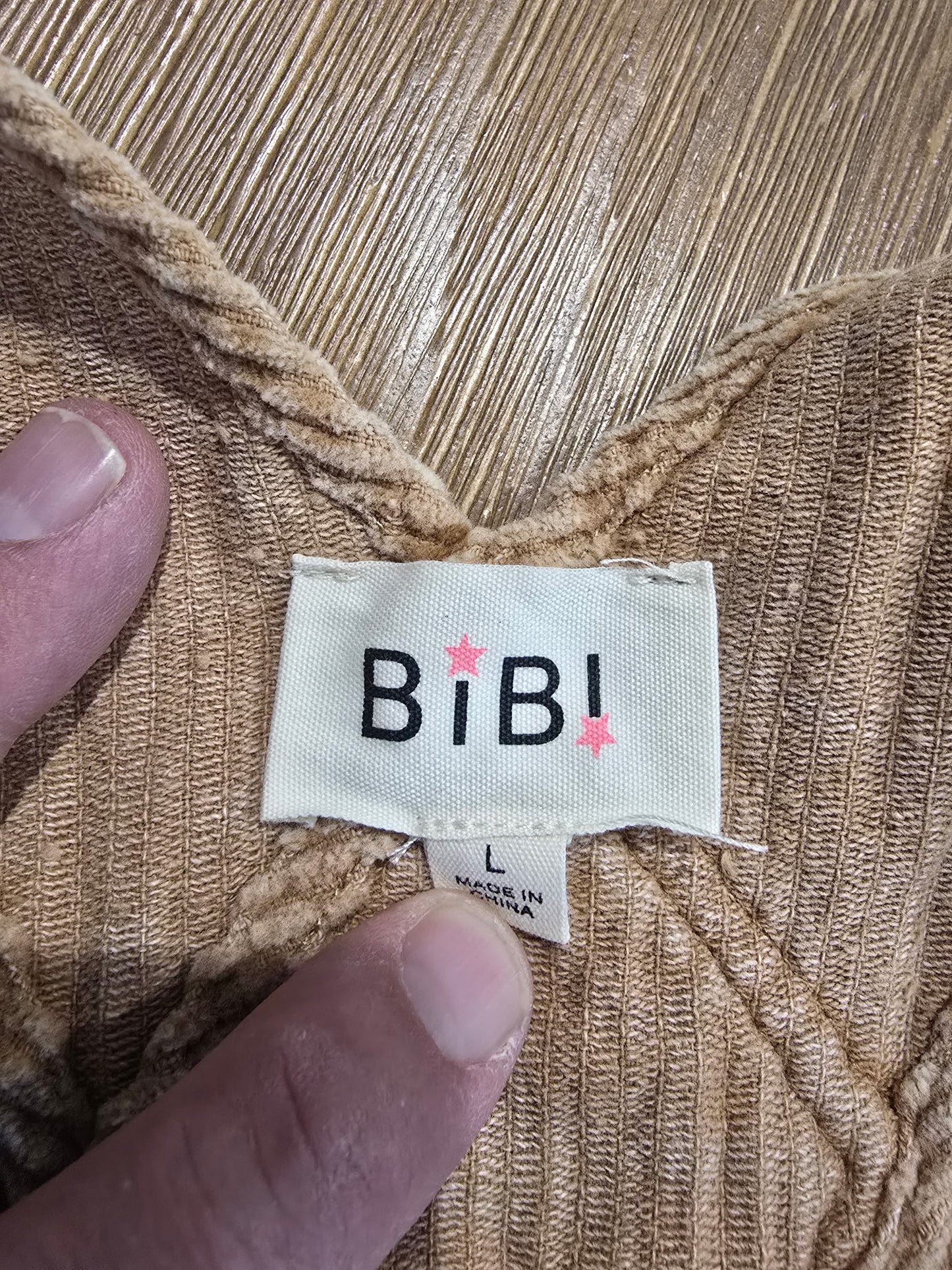 BiBi Corduroy Distressed Overalls Women's Size L Tan Beige Ripped Knee Flare Leg