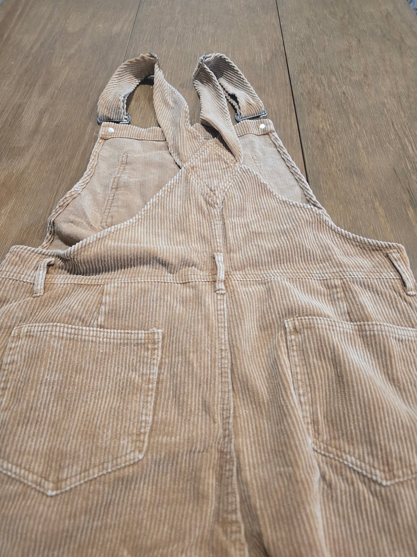 BiBi Corduroy Distressed Overalls Women's Size L Tan Beige Ripped Knee Flare Leg