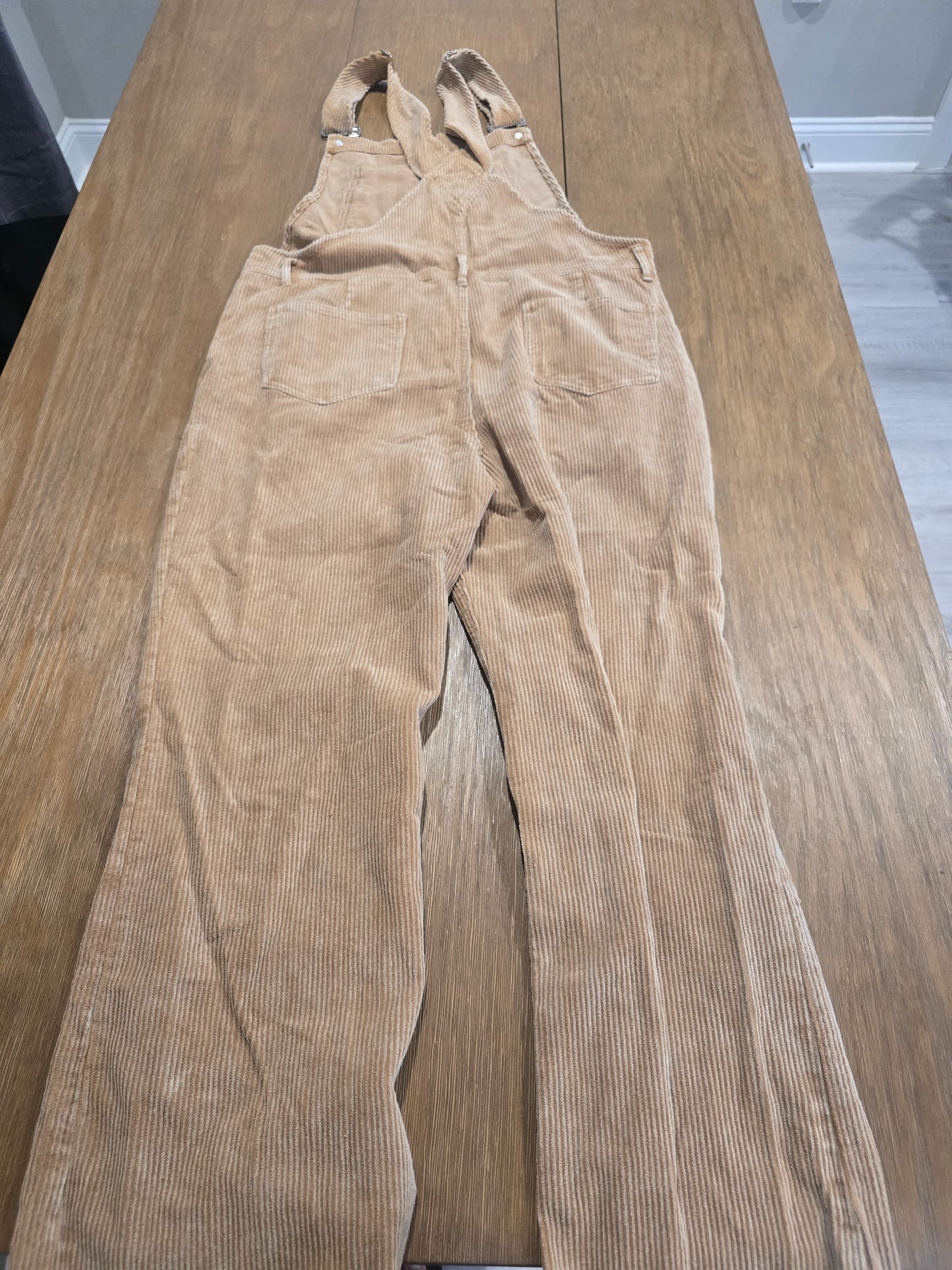 BiBi Corduroy Distressed Overalls Women's Size L Tan Beige Ripped Knee Flare Leg