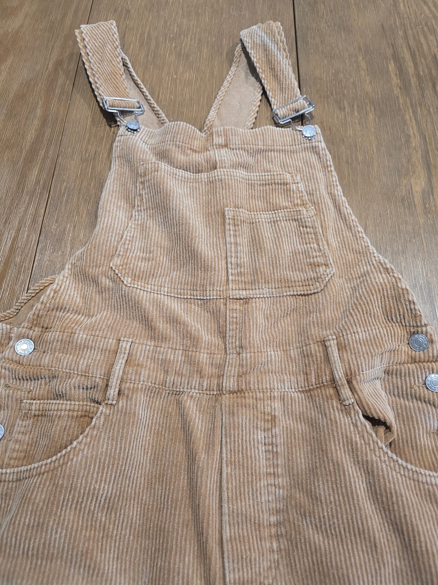 BiBi Corduroy Distressed Overalls Women's Size L Tan Beige Ripped Knee Flare Leg