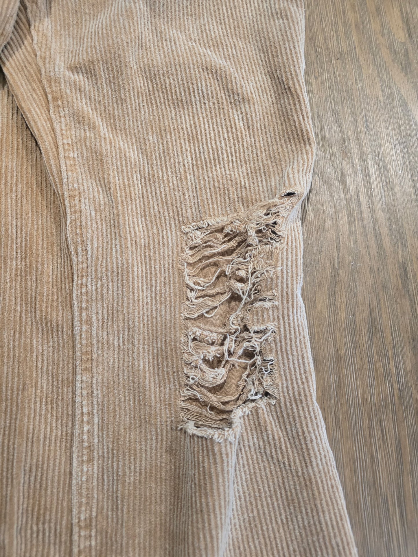 BiBi Corduroy Distressed Overalls Women's Size L Tan Beige Ripped Knee Flare Leg
