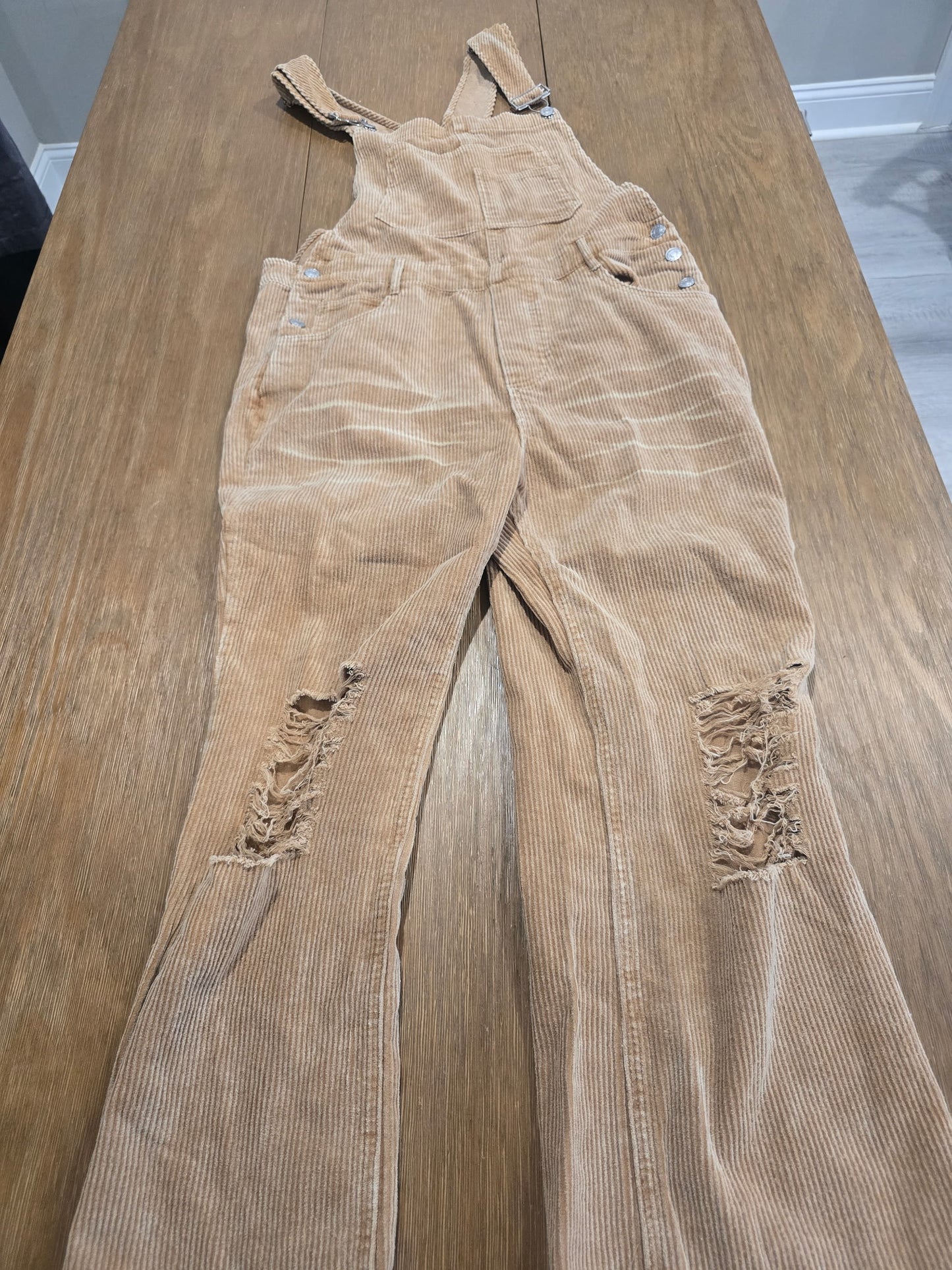 BiBi Corduroy Distressed Overalls Women's Size L Tan Beige Ripped Knee Flare Leg