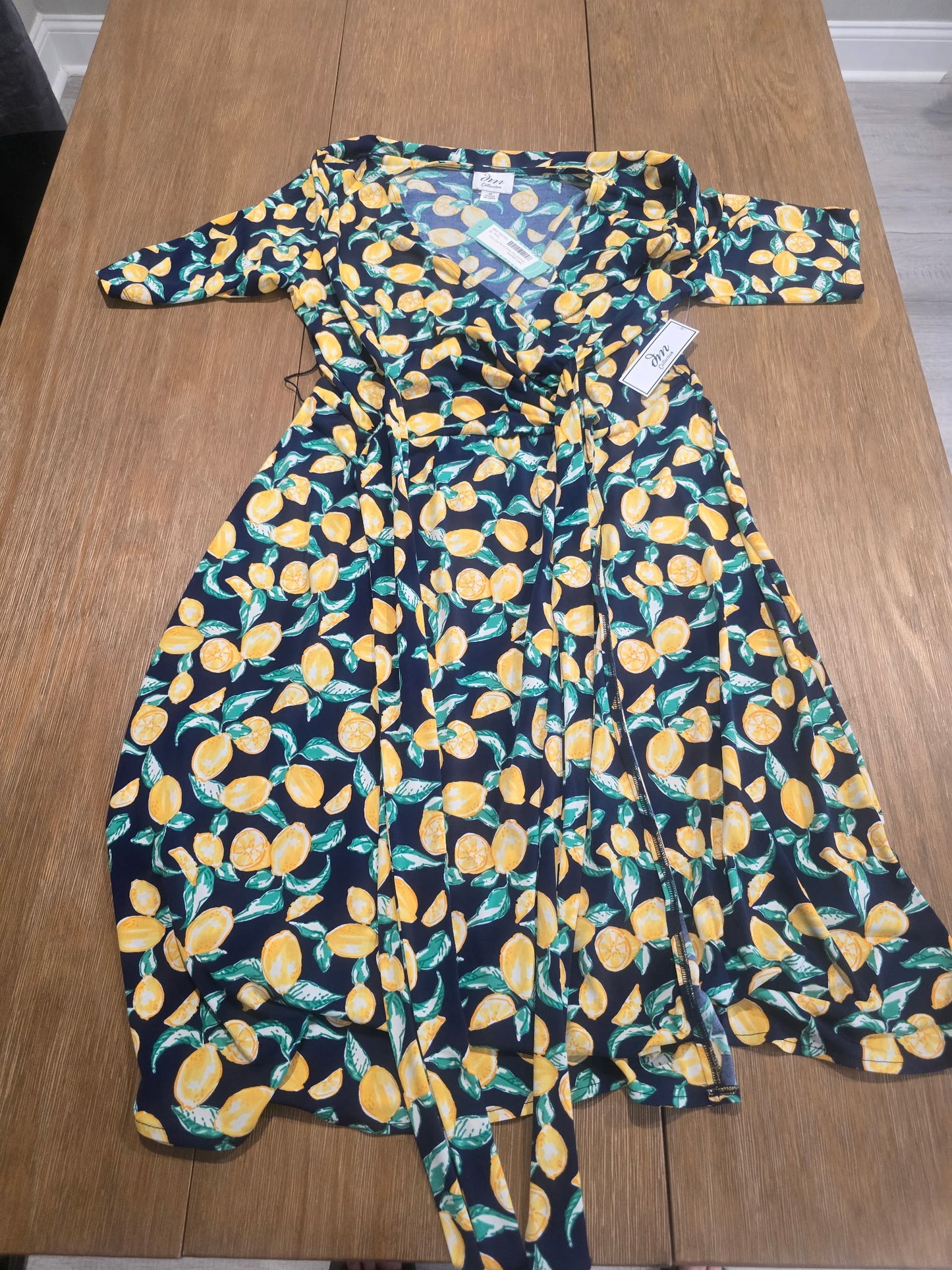DM Collection Lemon Print Faux Wrap Dress- Size 12 Petite