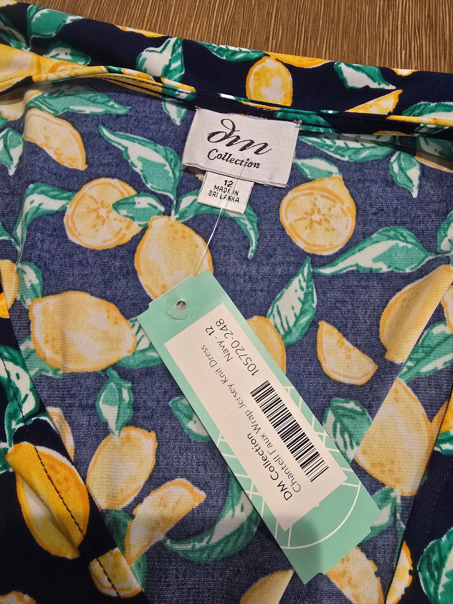 DM Collection Lemon Print Faux Wrap Dress- Size 12 Petite