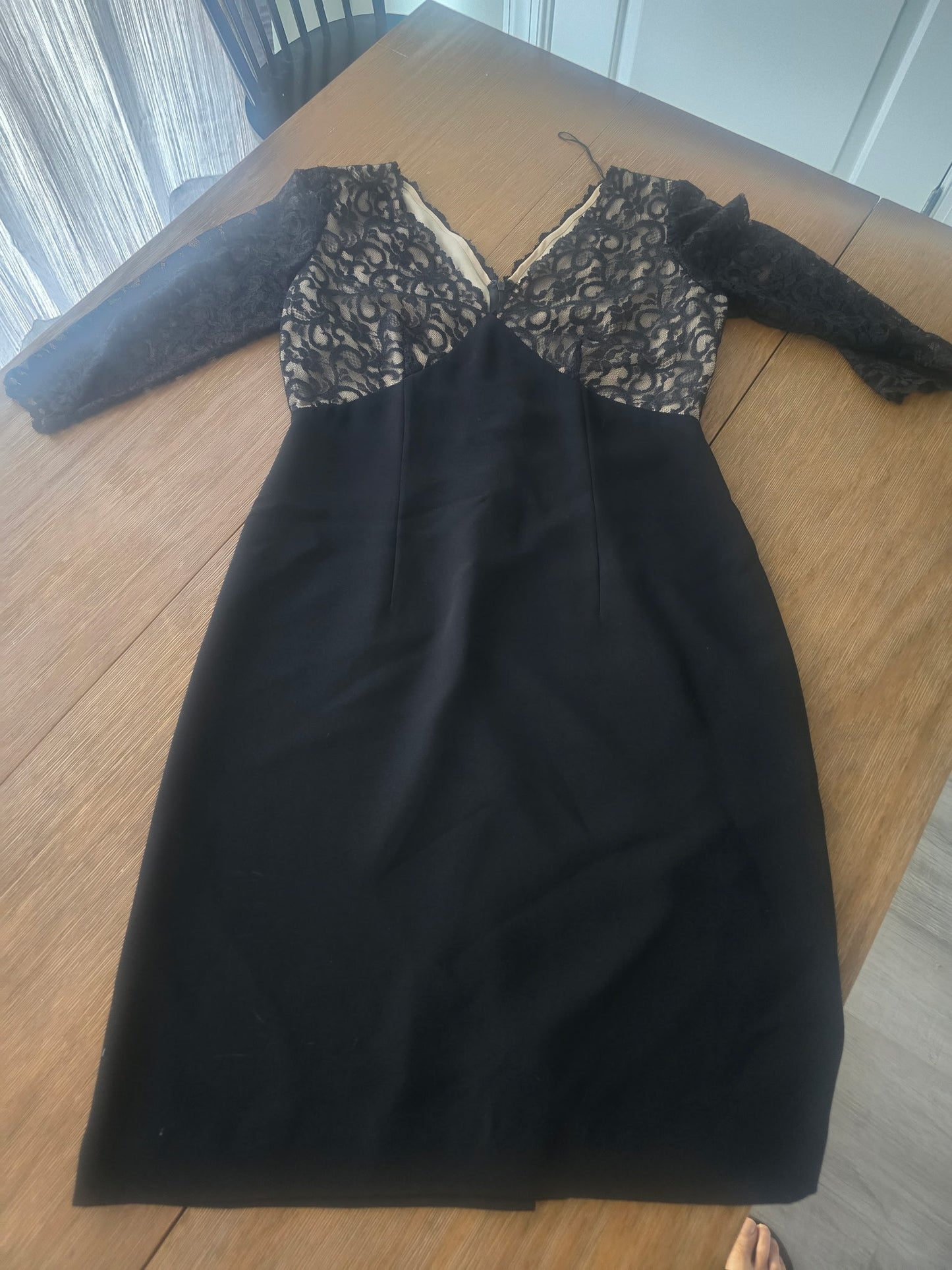 Maggy London cocktail dress black floral lace with three-quarter sleeves.