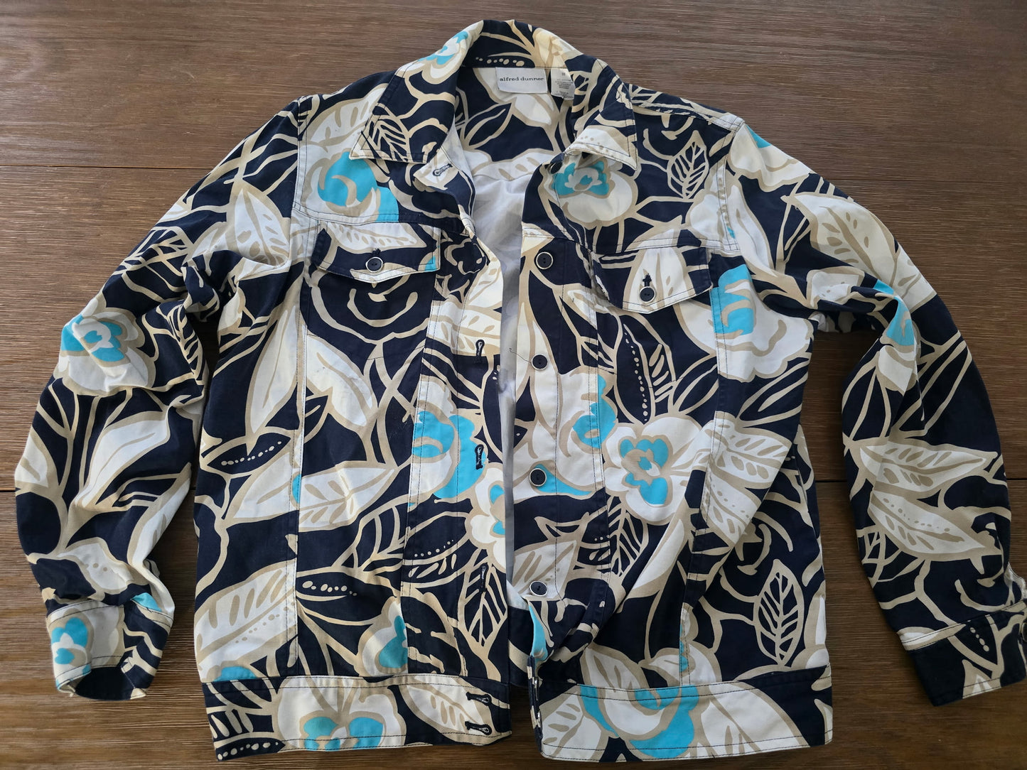 Alfred Dunner Floral Denim Style Jacket Size 10 Cotton Blend Tropical Button Up