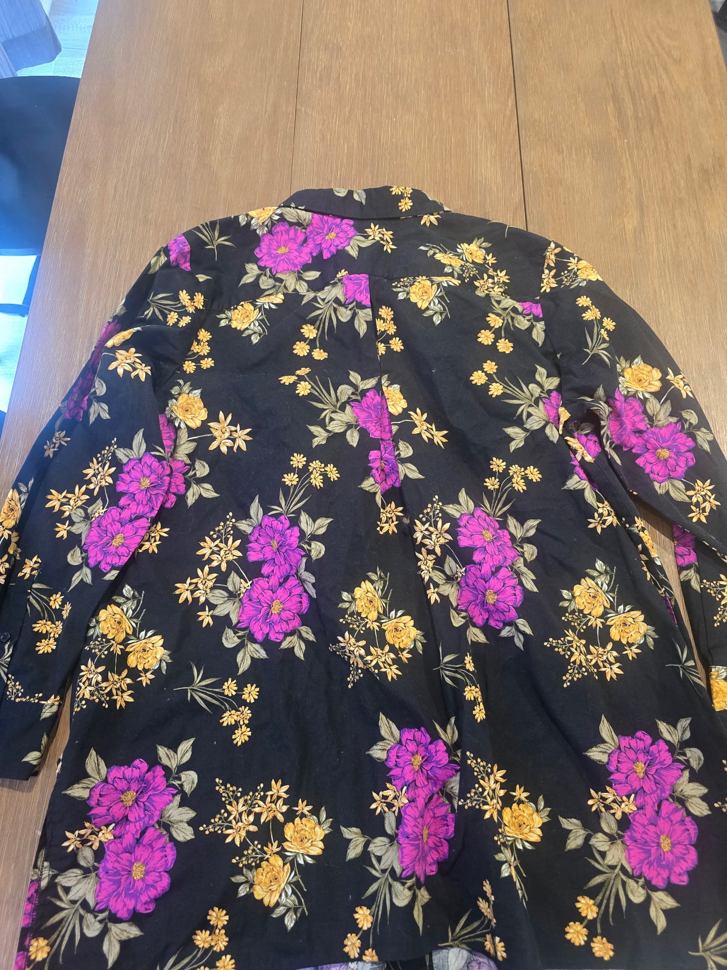 Jessica London Women's 26W Floral Button Up Tunic Top Black Pink Yellow Cotton
