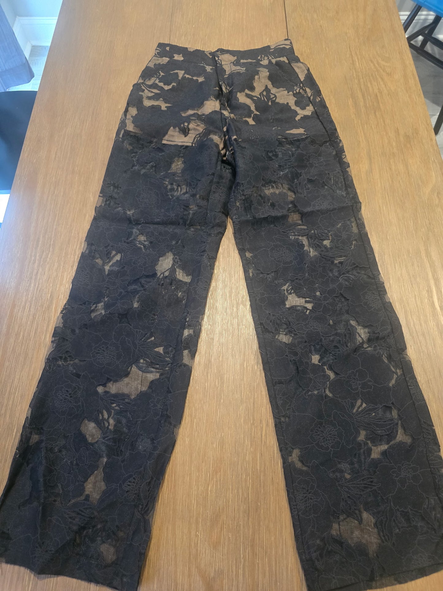 JLUXLABEL Black Floral Lace Wide Leg Pants Womens XS Sheer Mesh High Waisted