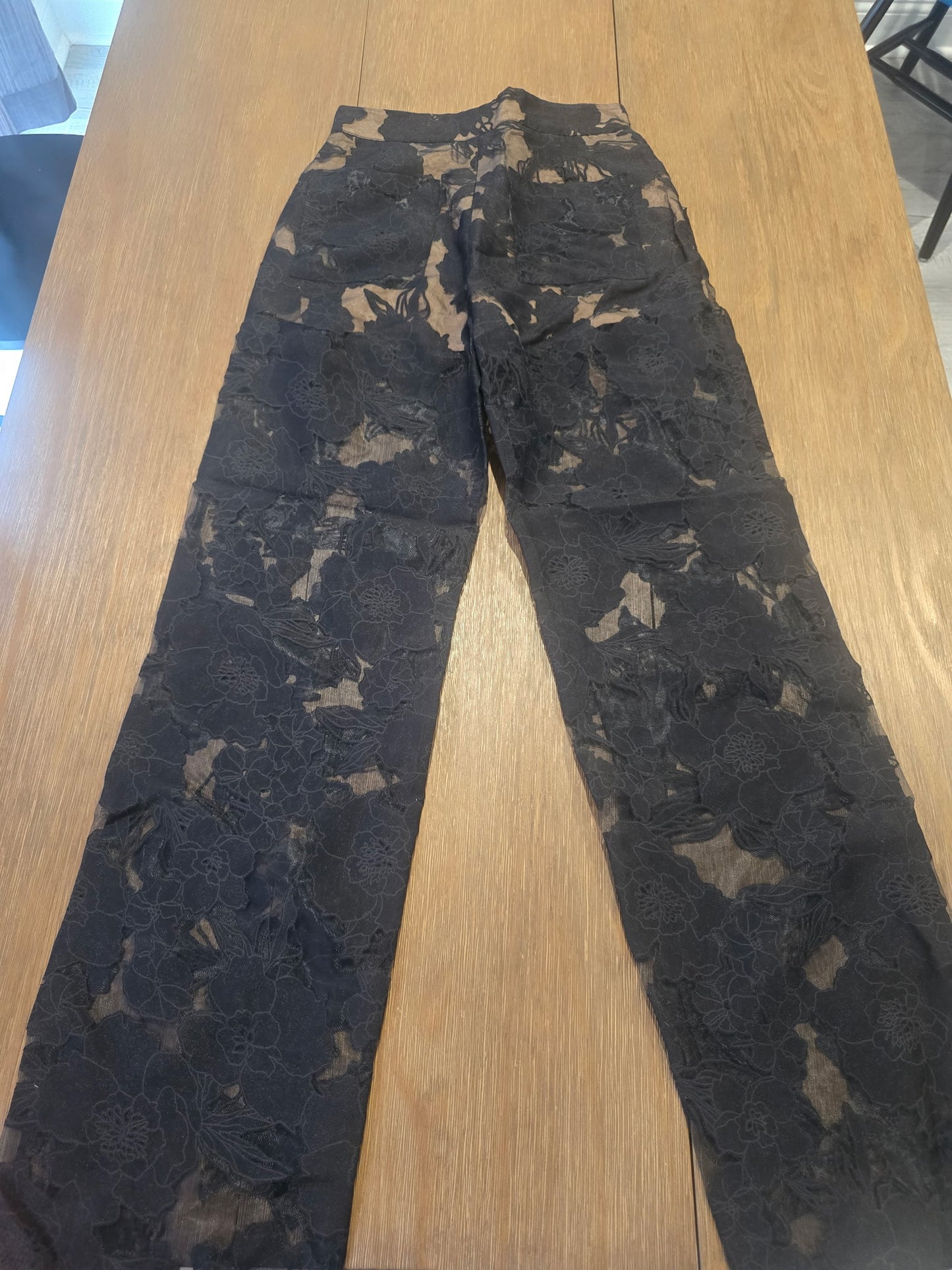 JLUXLABEL Black Floral Lace Wide Leg Pants Womens XS Sheer Mesh High Waisted