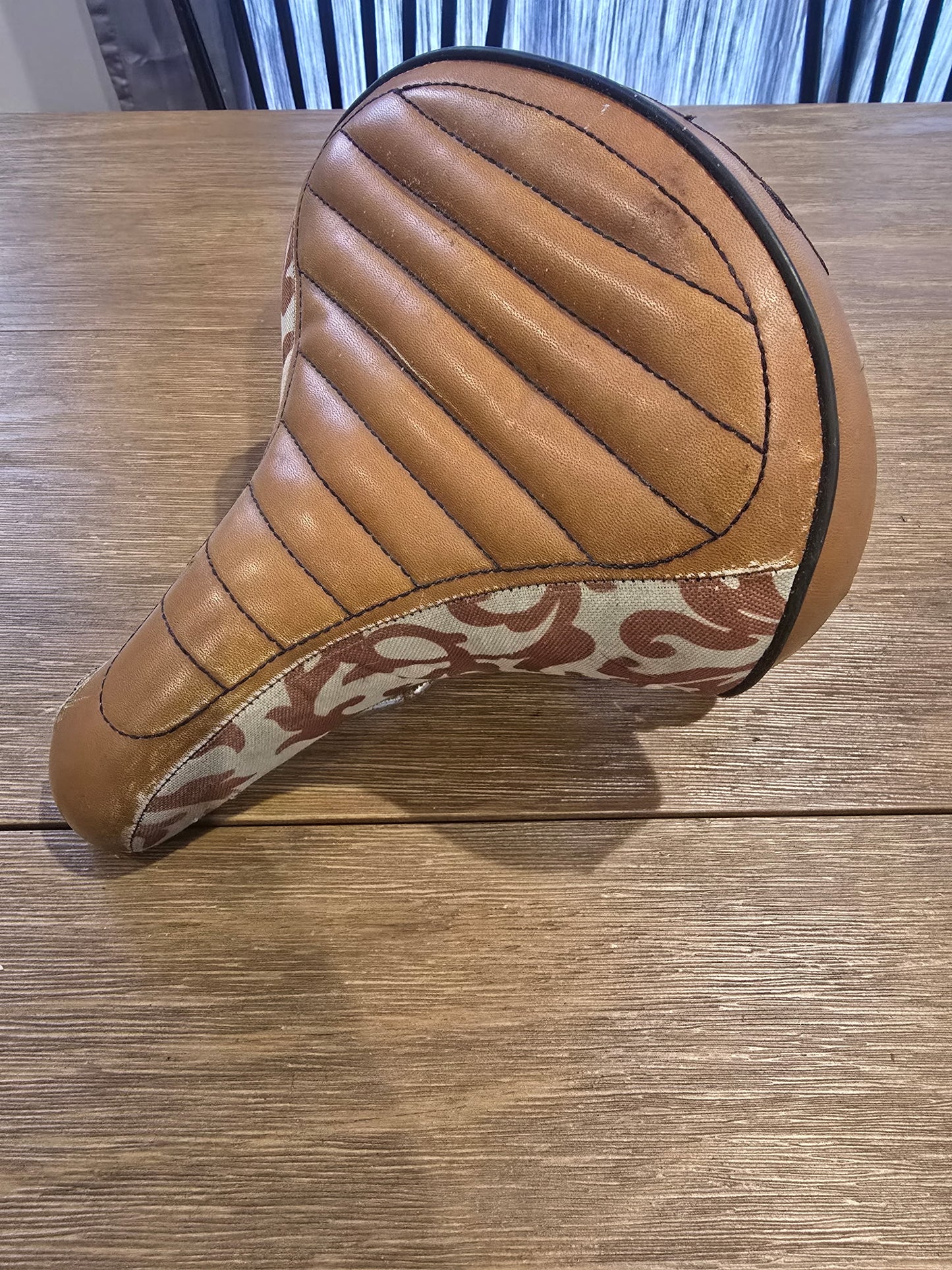 Vintage Huffy Cruiser Bike Saddle Seat Brown Tan Embroidered Pattern Dual Spring