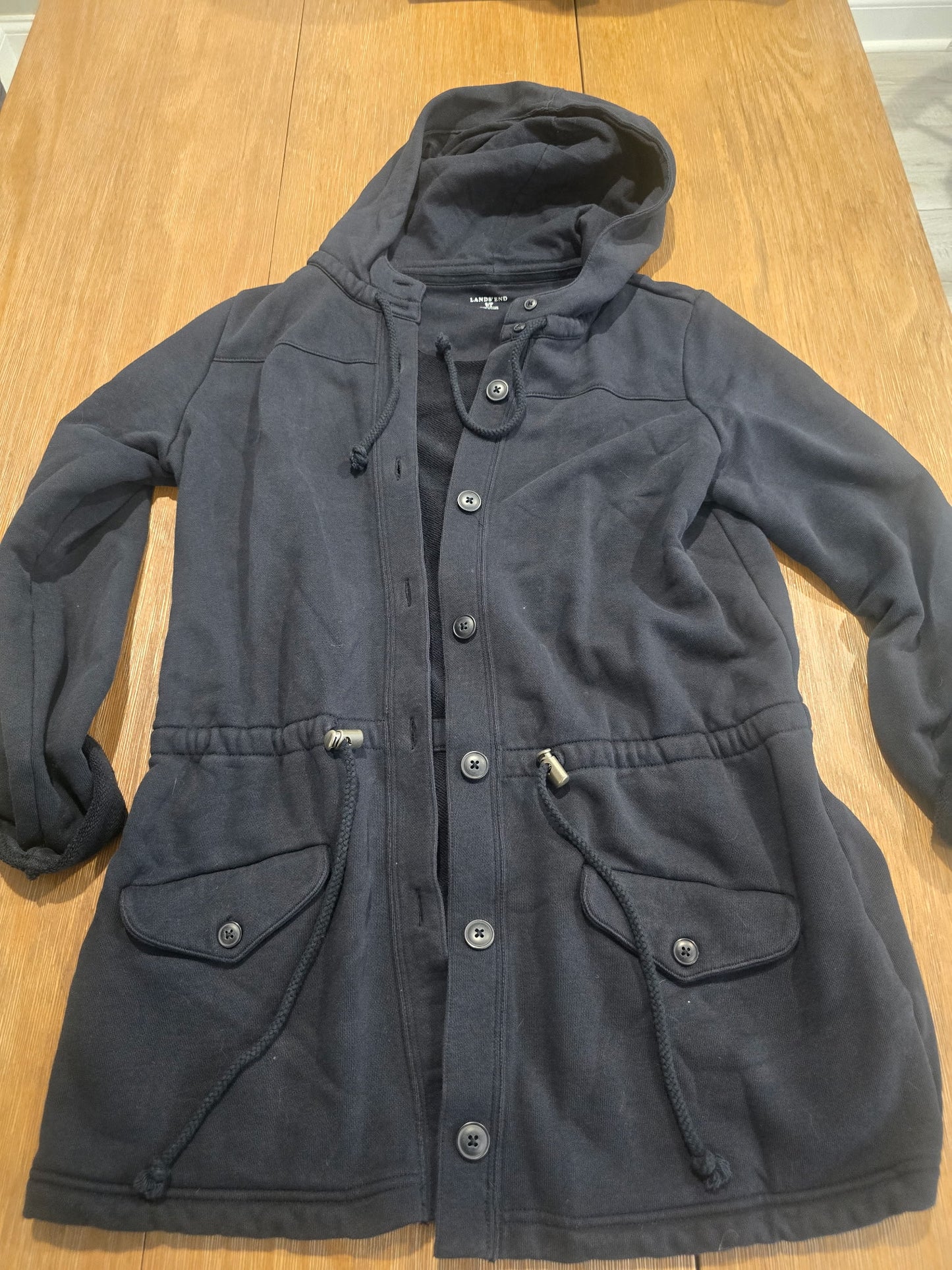 Lands' End Black Knit Anorak Jacket Full Button Hoodie Women's Small 6-8