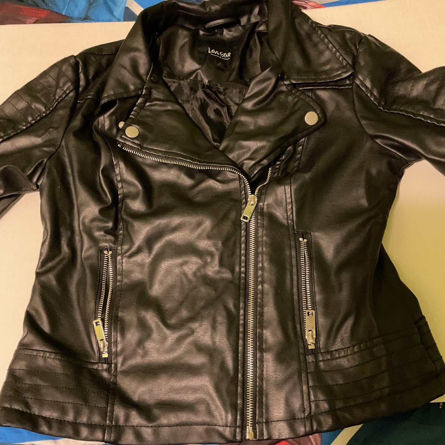 LoveStar Juniors Faux Leather Moto Jacket Black Zip Up Size M