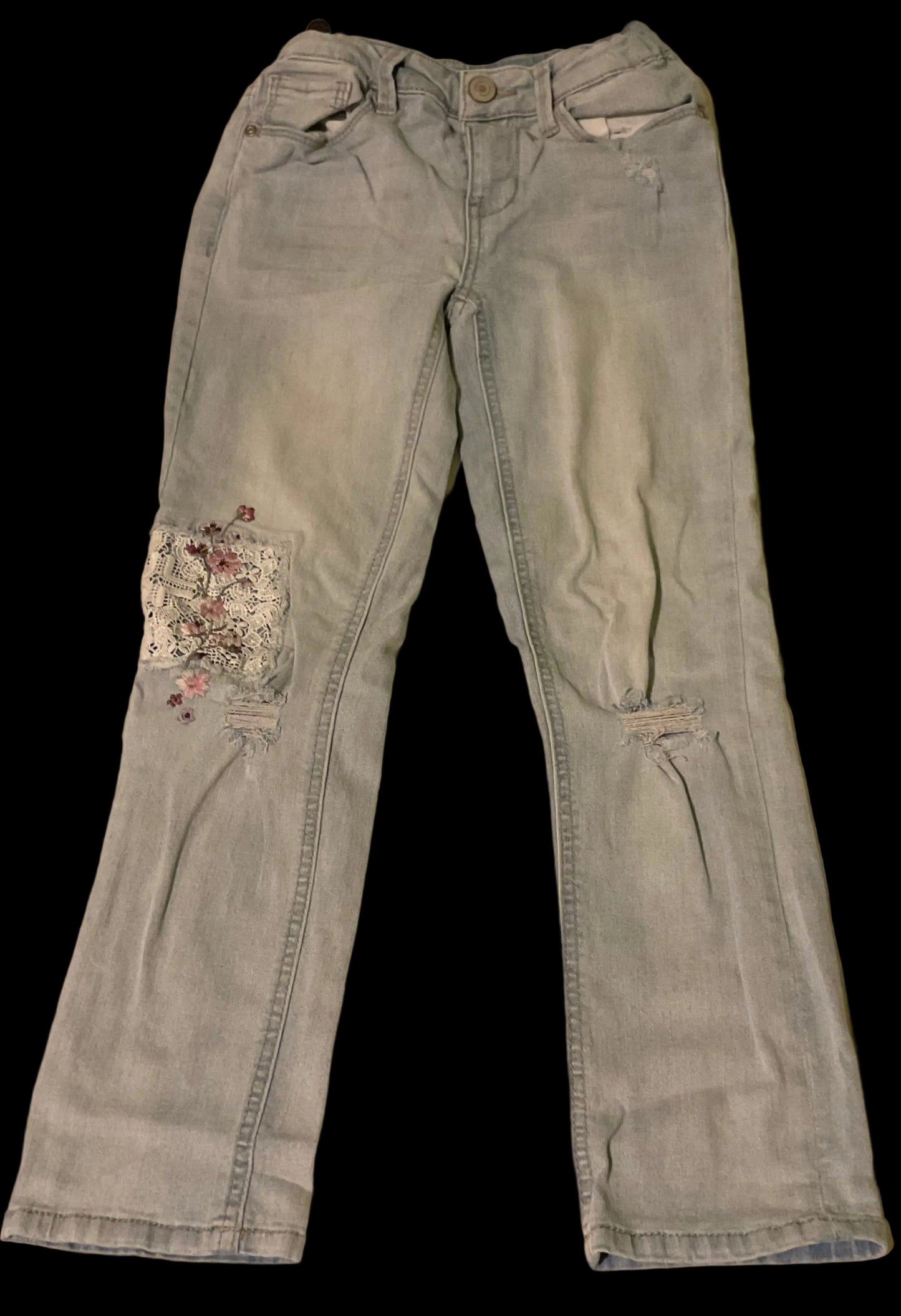 SO Girls Jeans Size 10 Light Wash Floral Lace Patch Distressed Knees