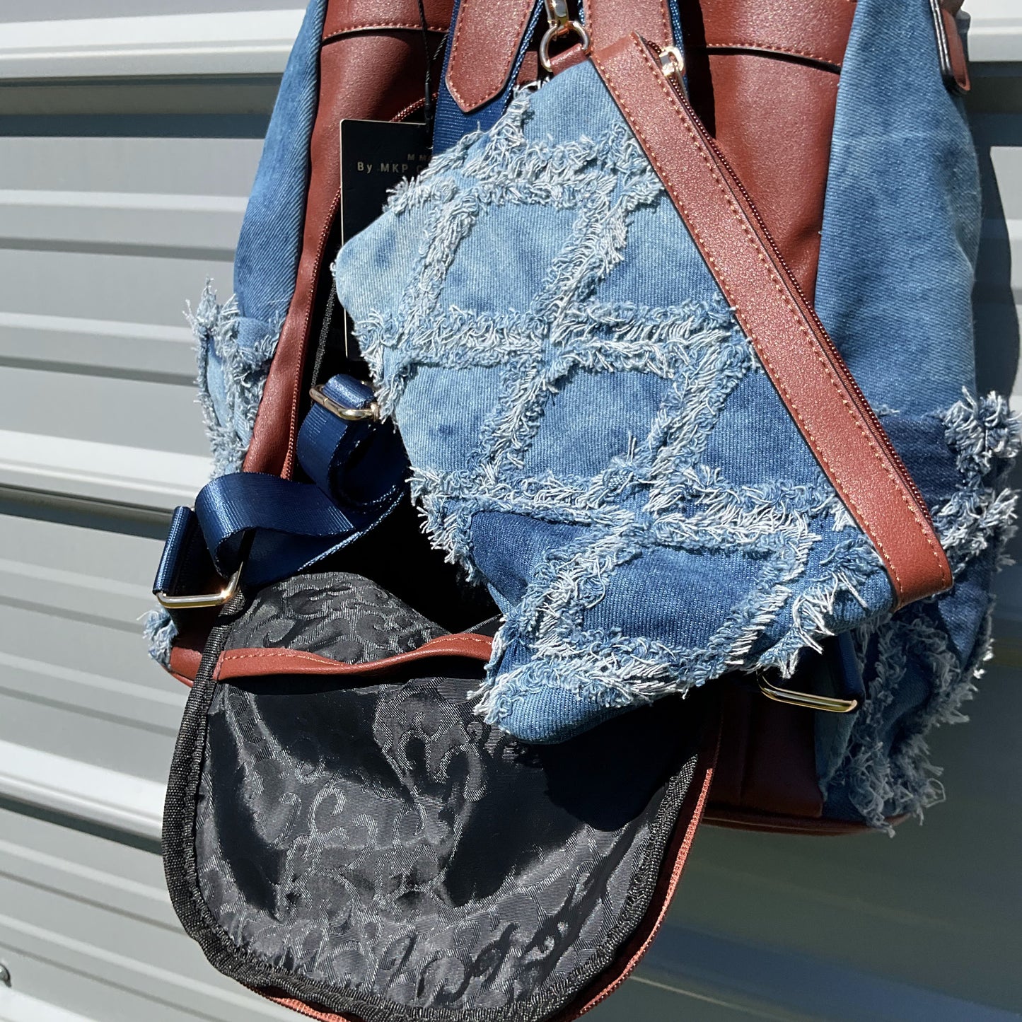 NWT M MARCO by MKP Collection Distressed Denim Backpack & Wristlet Set – Frayed Boho Style