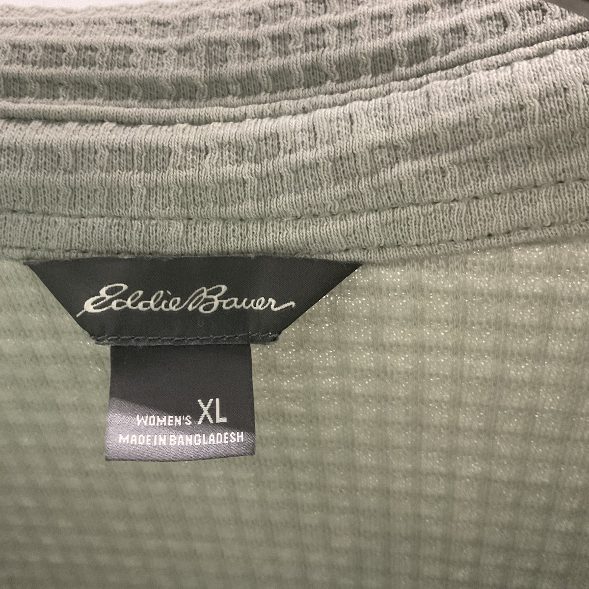 Eddie Bauer women's waffle knit button-down shirt in a light sage green color.