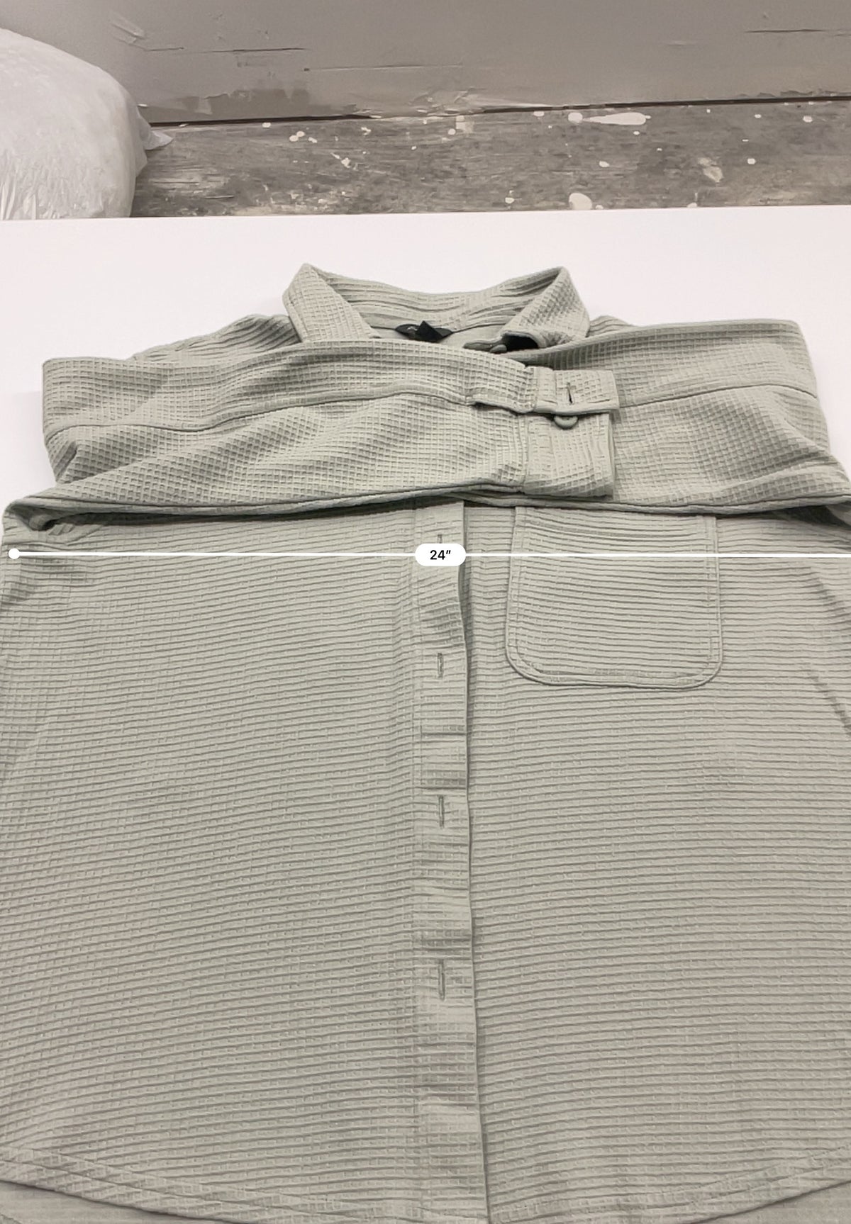 Eddie Bauer women's waffle knit button-down shirt in a light sage green color.