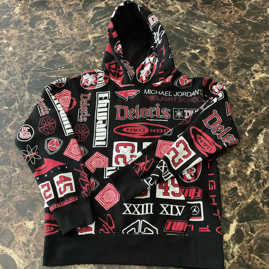 Nike Jordan Boys All Over Print Hoodie Flight School Deloris Red Black Size M (10-12)