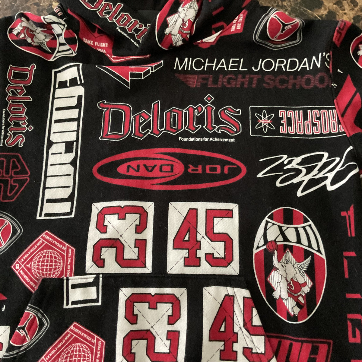 Nike Jordan Boys All Over Print Hoodie Flight School Deloris Red Black Size M (10-12)