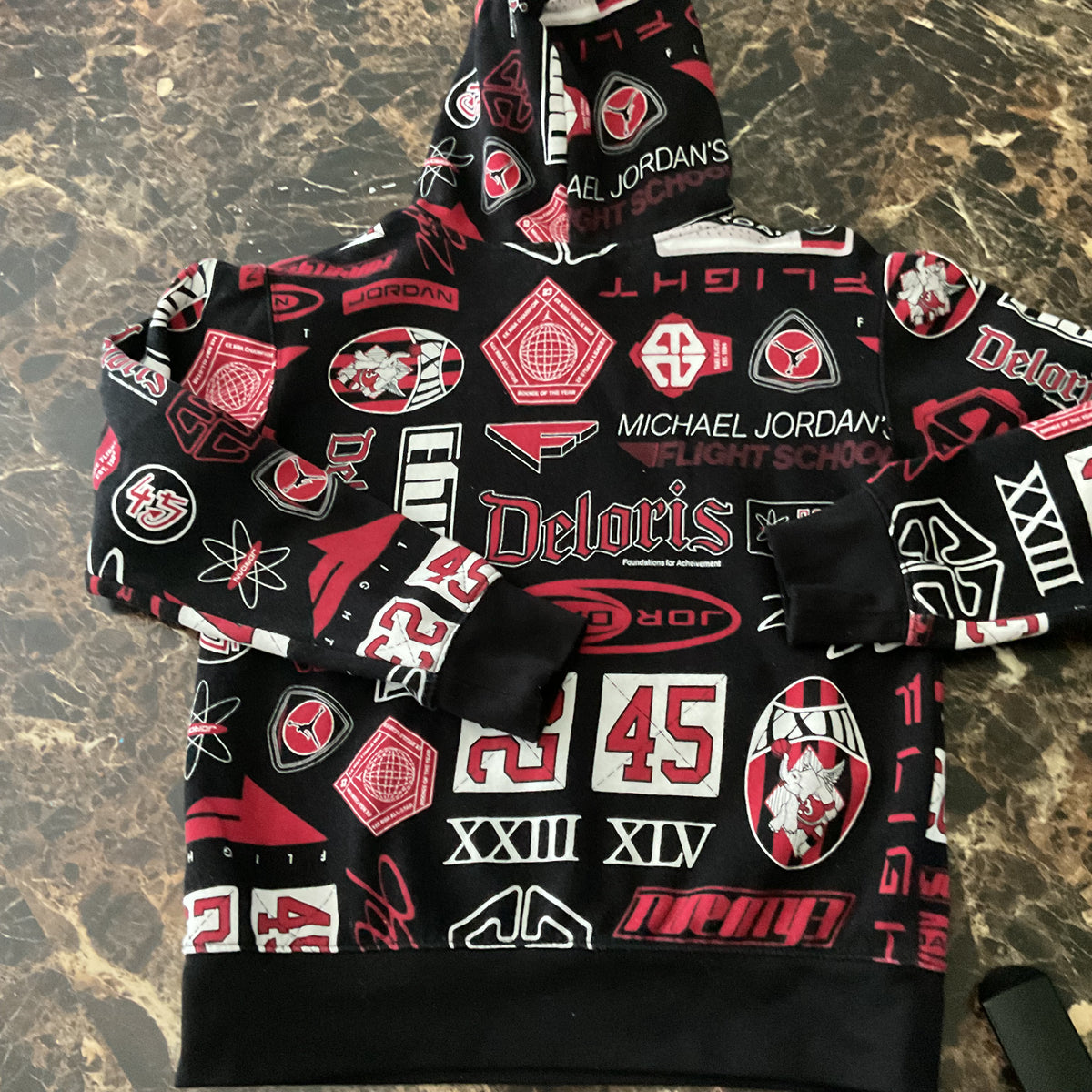 Nike Jordan Boys All Over Print Hoodie Flight School Deloris Red Black Size M (10-12)