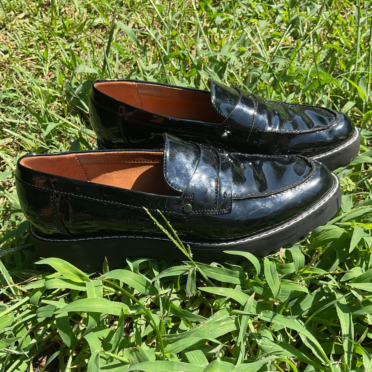Franco Sarto Cassandra Platform Penny Loafers in Black Patent Leather