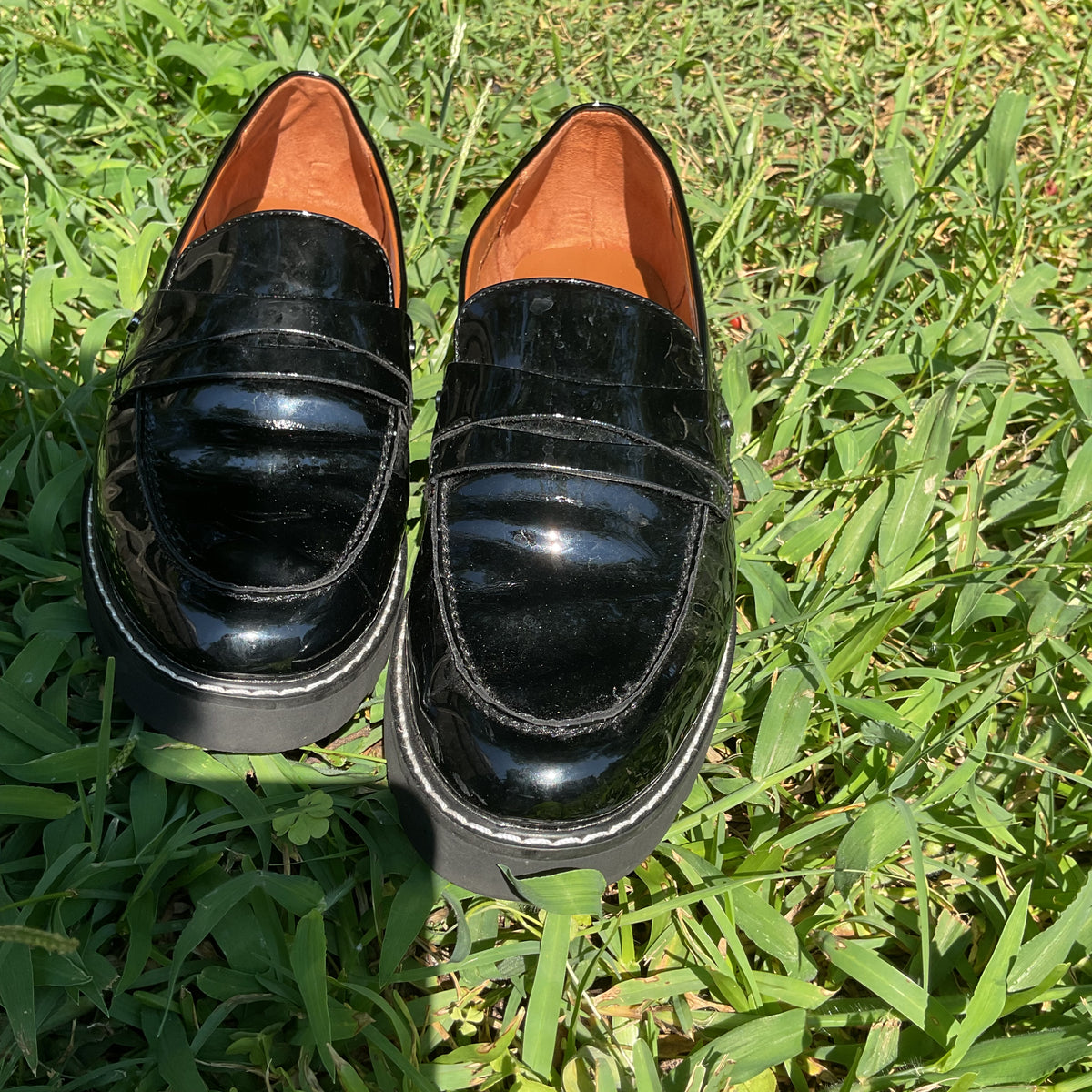 Franco Sarto Cassandra Platform Penny Loafers in Black Patent Leather