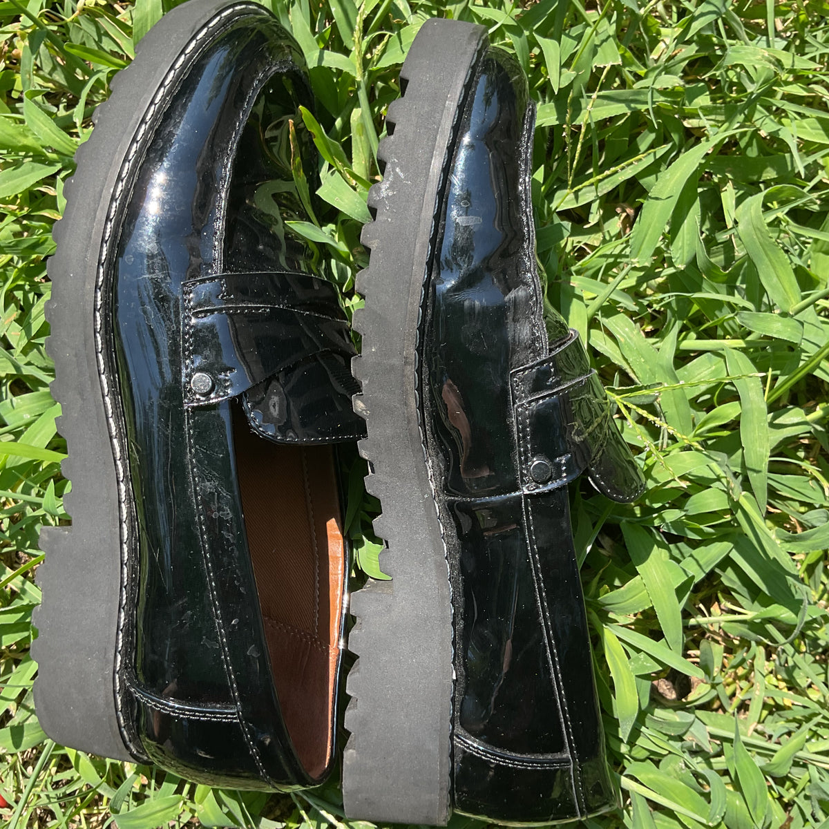 Franco Sarto Cassandra Platform Penny Loafers in Black Patent Leather
