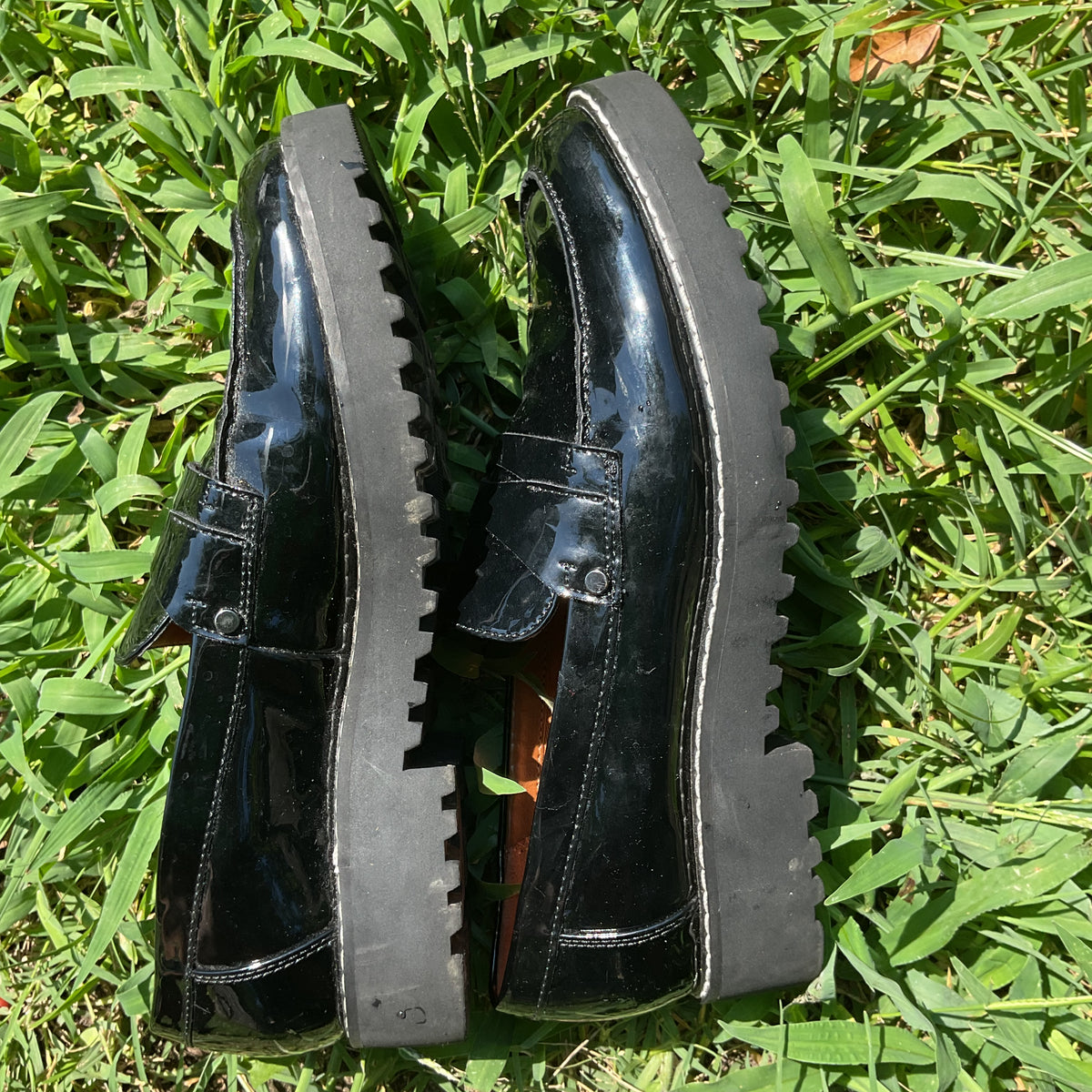 Franco Sarto Cassandra Platform Penny Loafers in Black Patent Leather