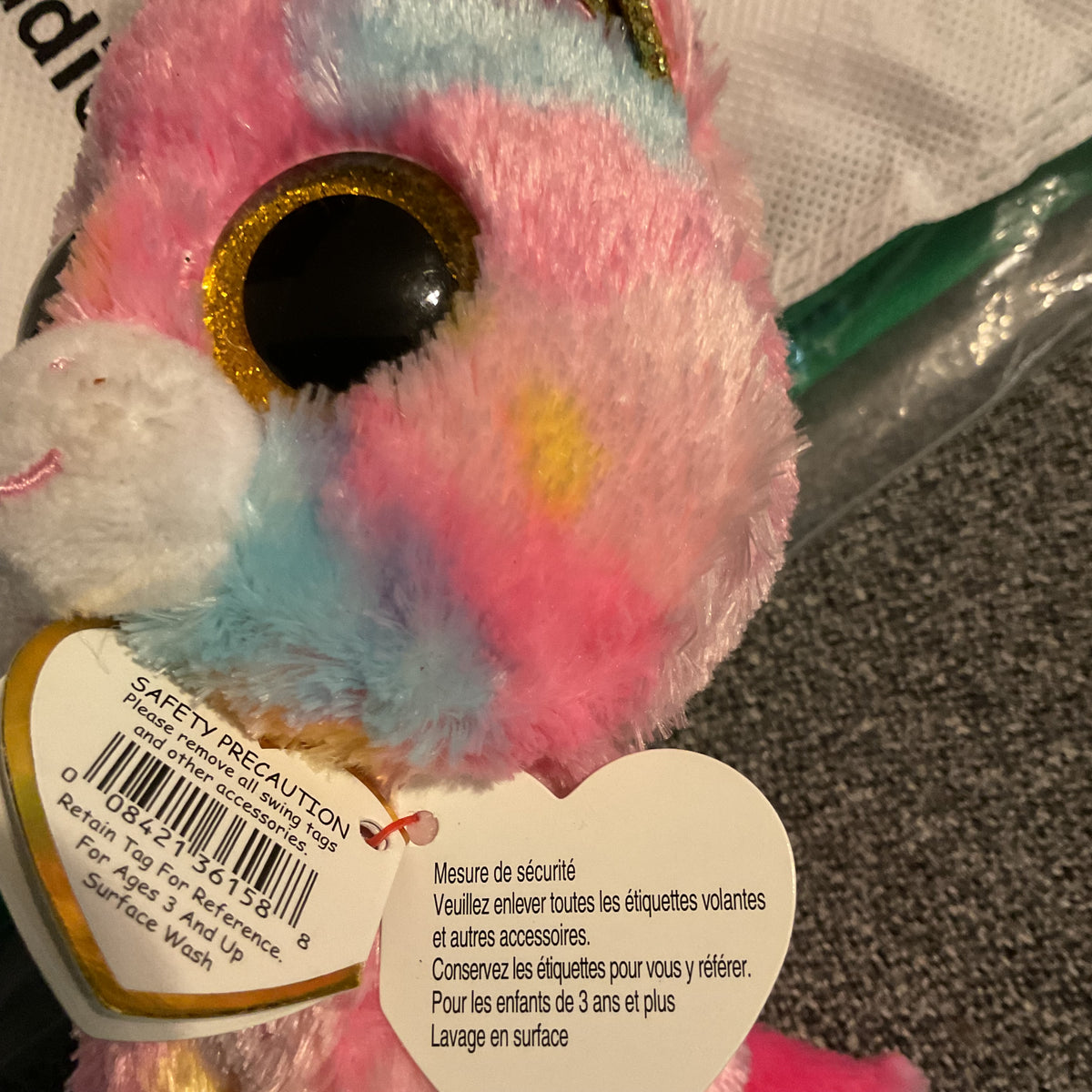 Ty Beanie Boos Fantasia the Unicorn 6" Plush Pink Tie-Dye Gold Glitter Accents