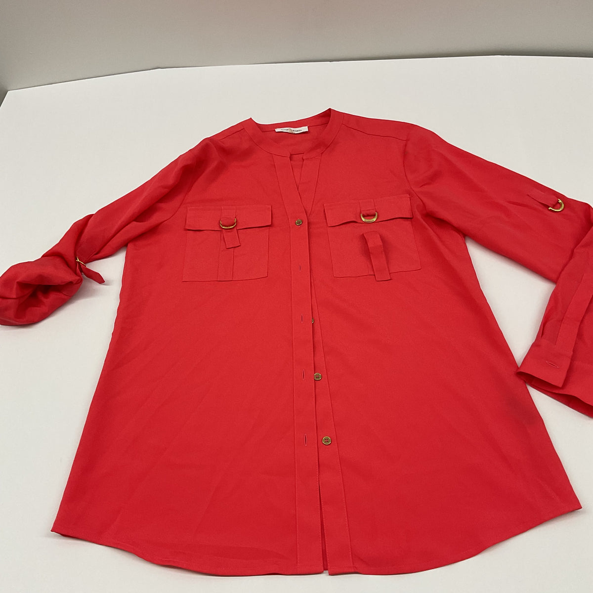Calvin Klein Women's Size Small Red Roll-Tab Sleeve Gold Hardware Utility Blouse