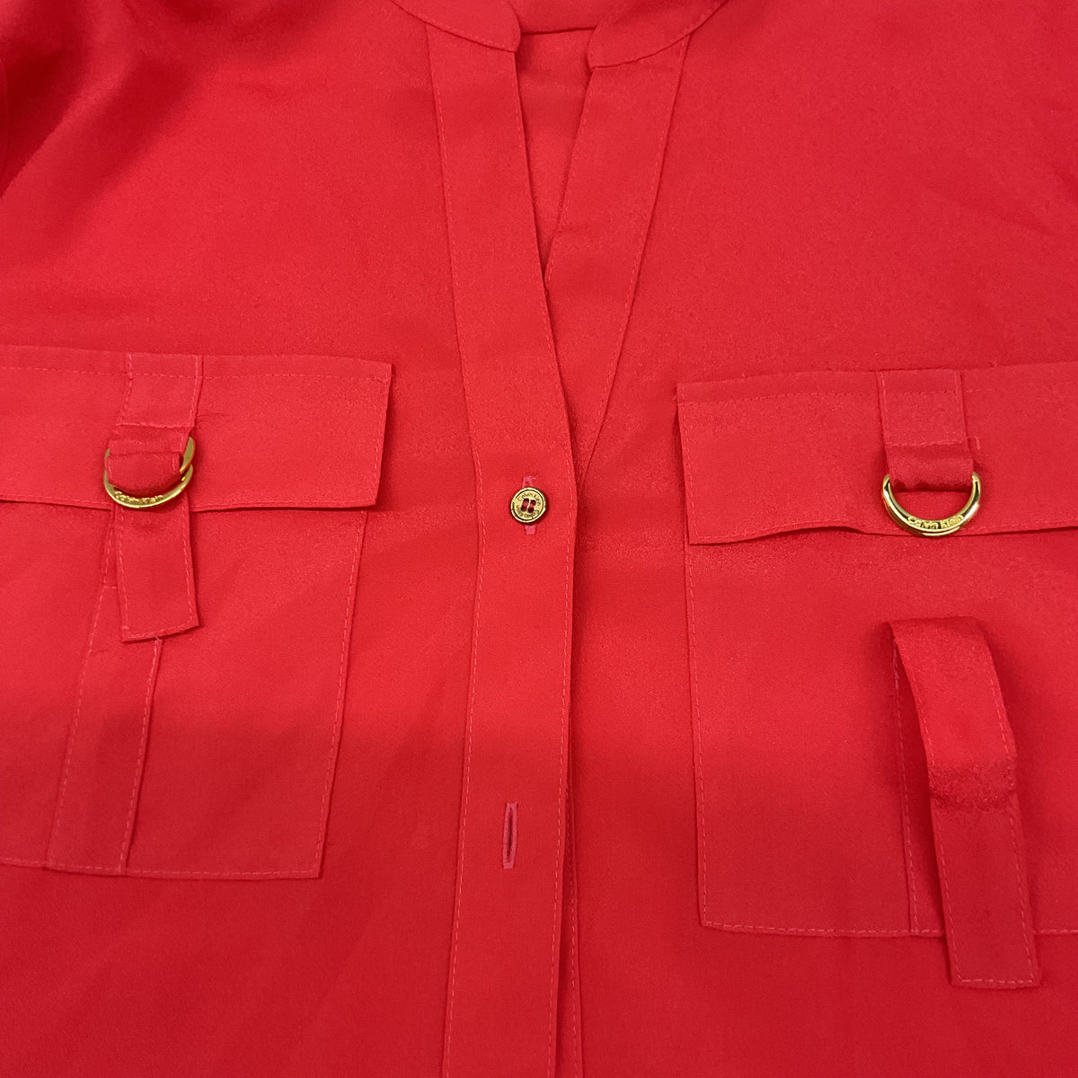 Calvin Klein Women's Size Small Red Roll-Tab Sleeve Gold Hardware Utility Blouse