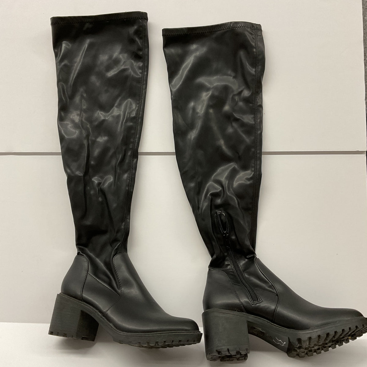 Black Tall Lug Sole Block Heel Side Zip Boots – Size 9