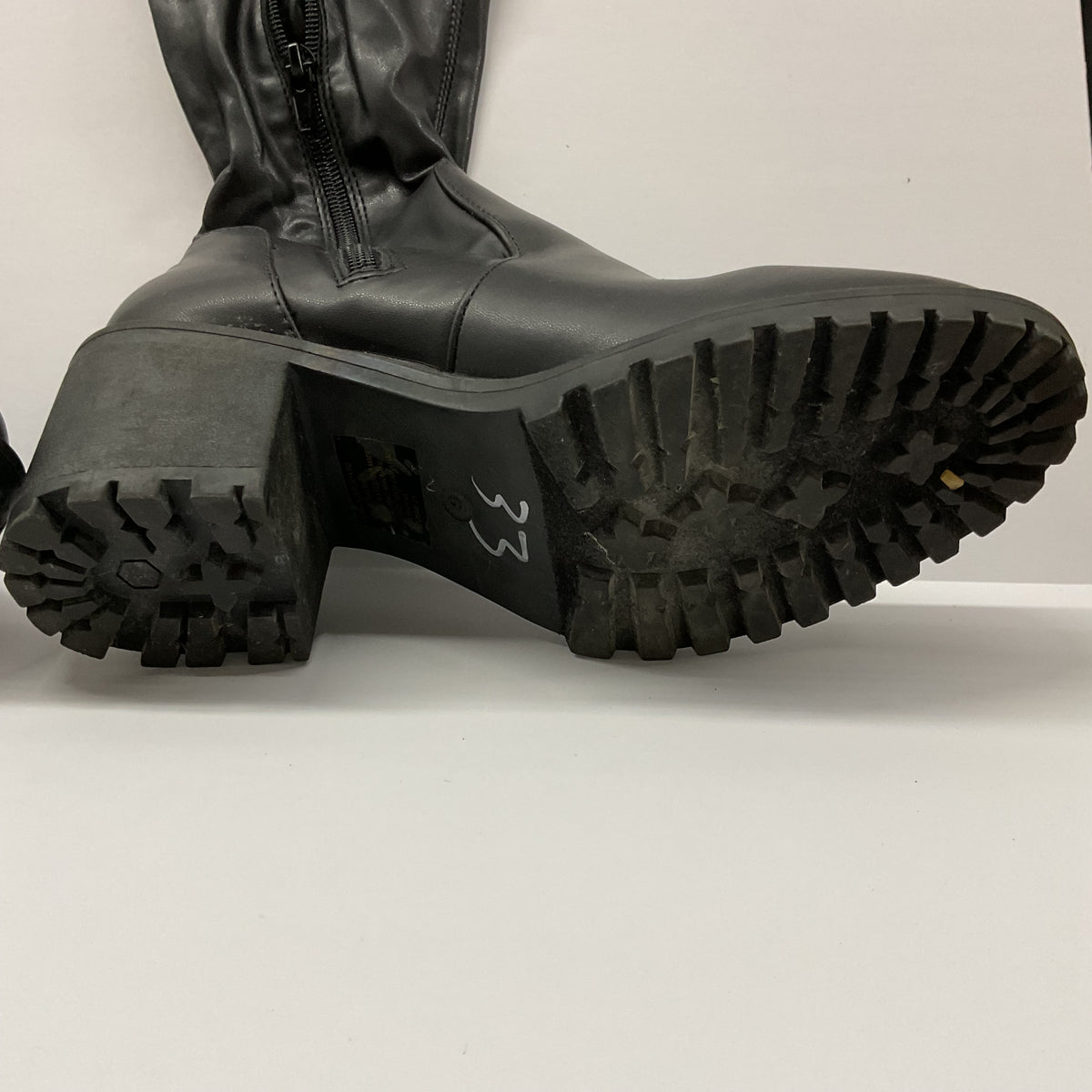 Black Tall Lug Sole Block Heel Side Zip Boots – Size 9