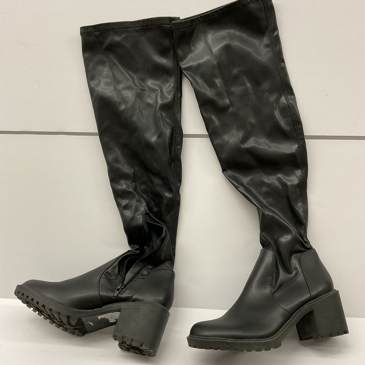 Black Tall Lug Sole Block Heel Side Zip Boots – Size 9