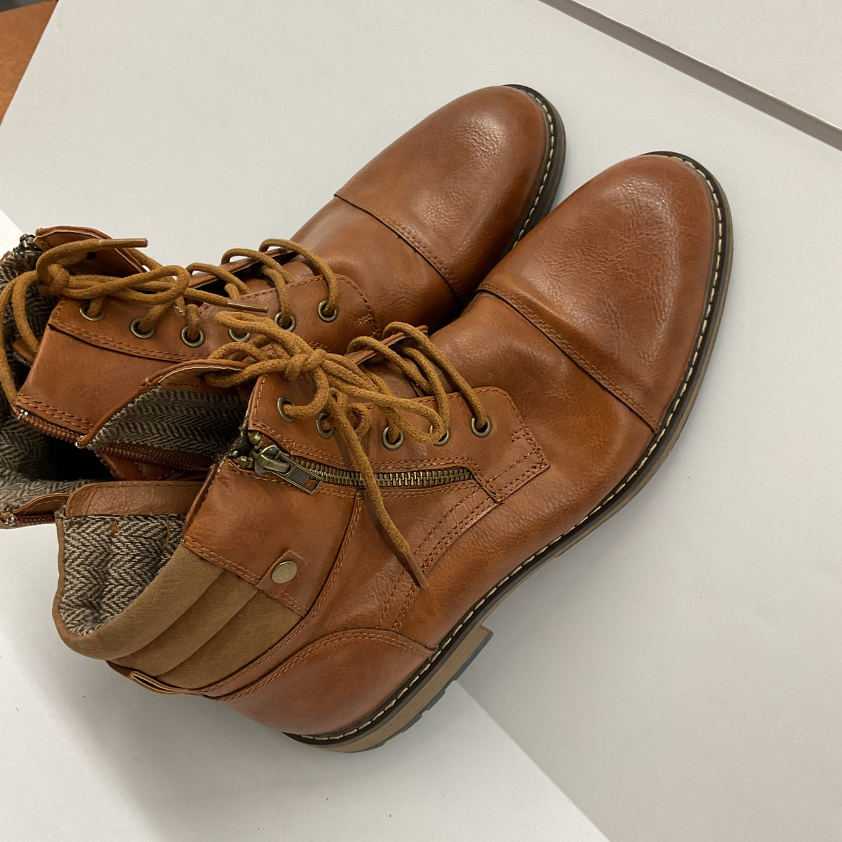 COTTIMO Brown Cap Toe Ankle Boots Lace Up Side Zip Lug Sole Padded Collar