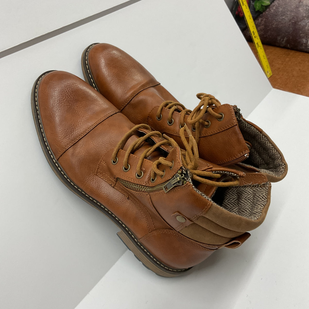 COTTIMO Brown Cap Toe Ankle Boots Lace Up Side Zip Lug Sole Padded Collar