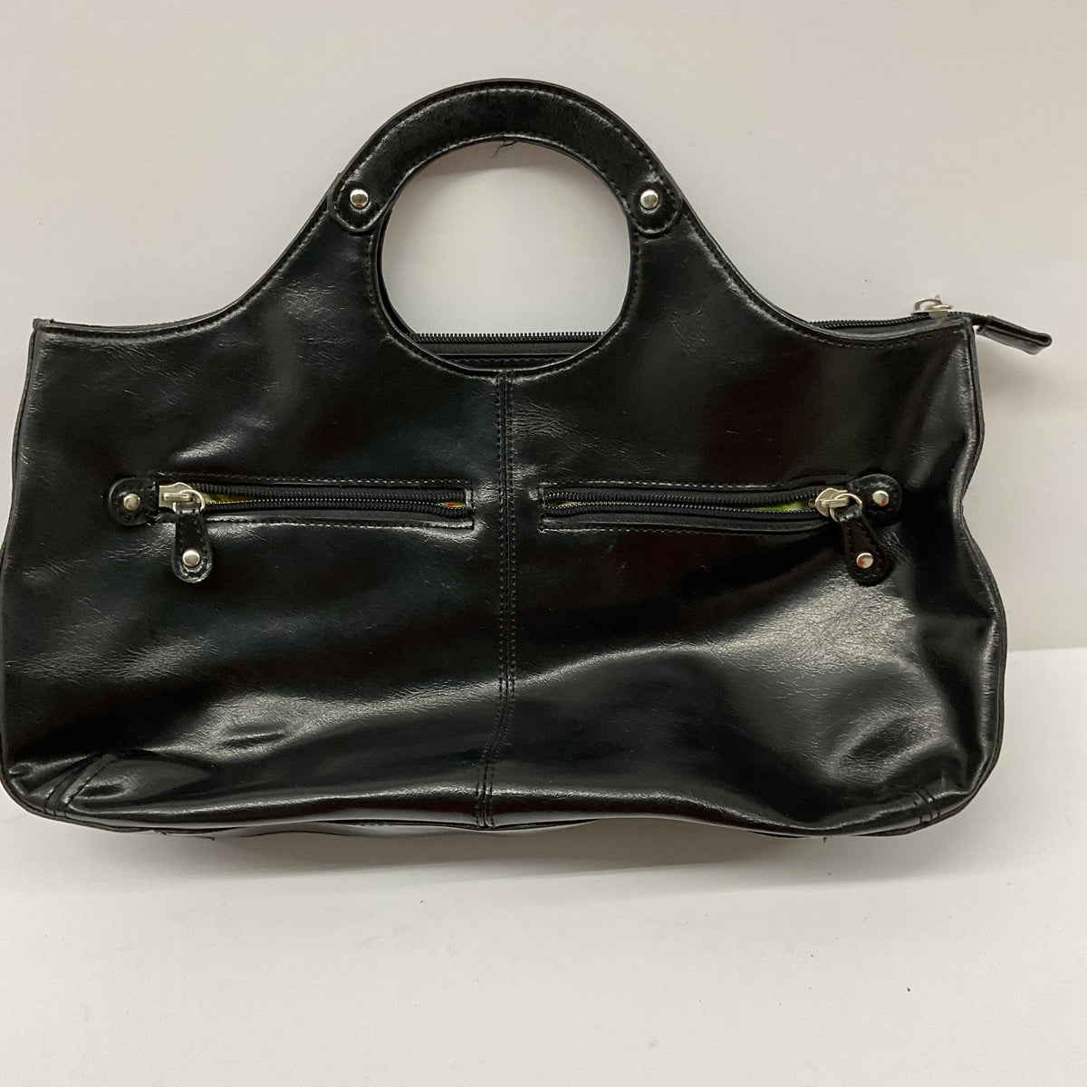 Vintage Black Leather Satchel Handbag with Citrus Print Lining