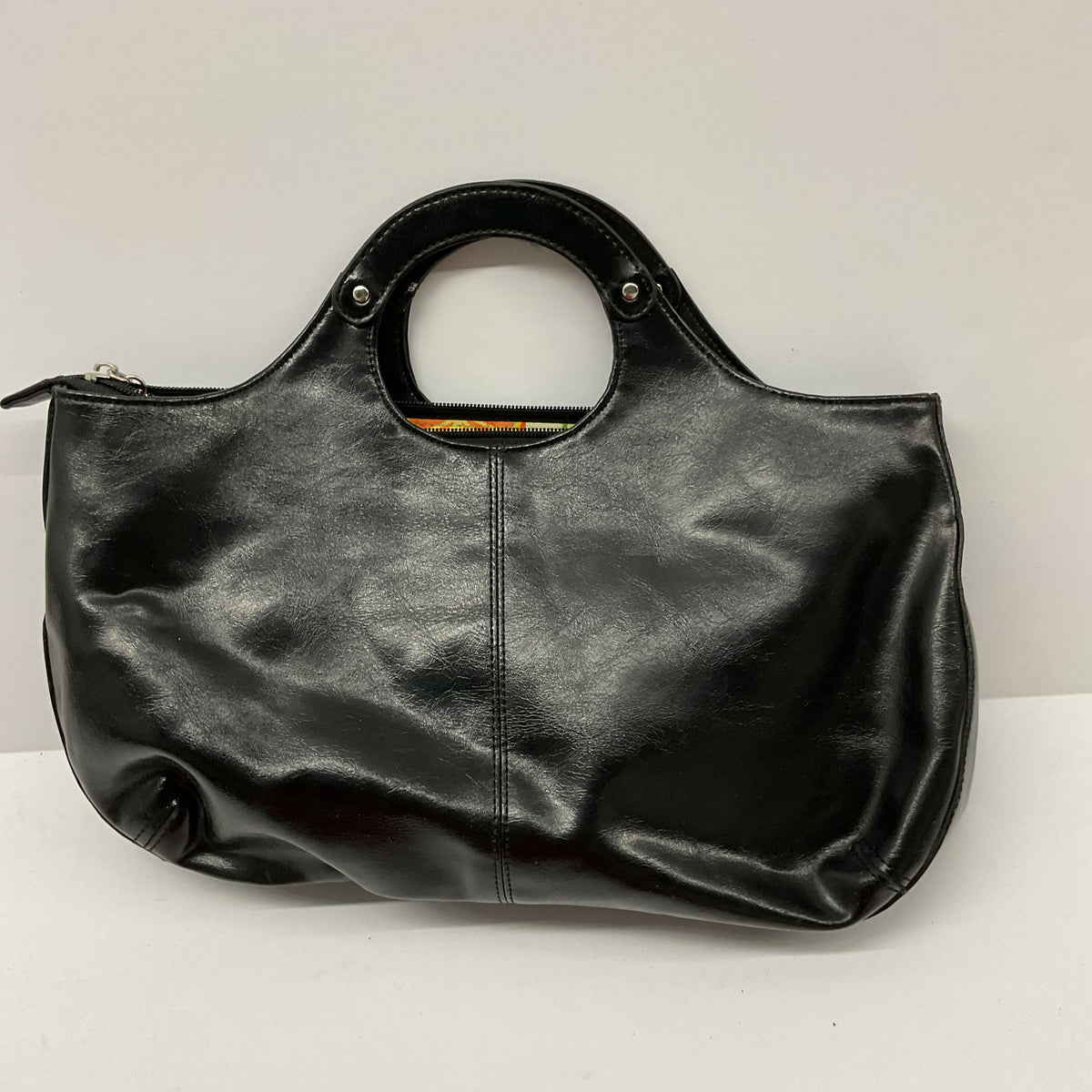 Vintage Black Leather Satchel Handbag with Citrus Print Lining