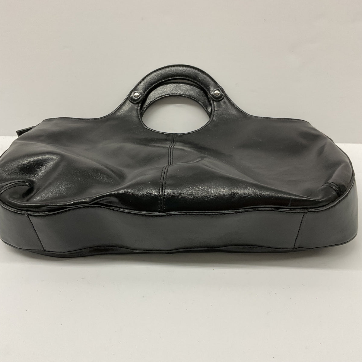 Vintage Black Leather Satchel Handbag with Citrus Print Lining