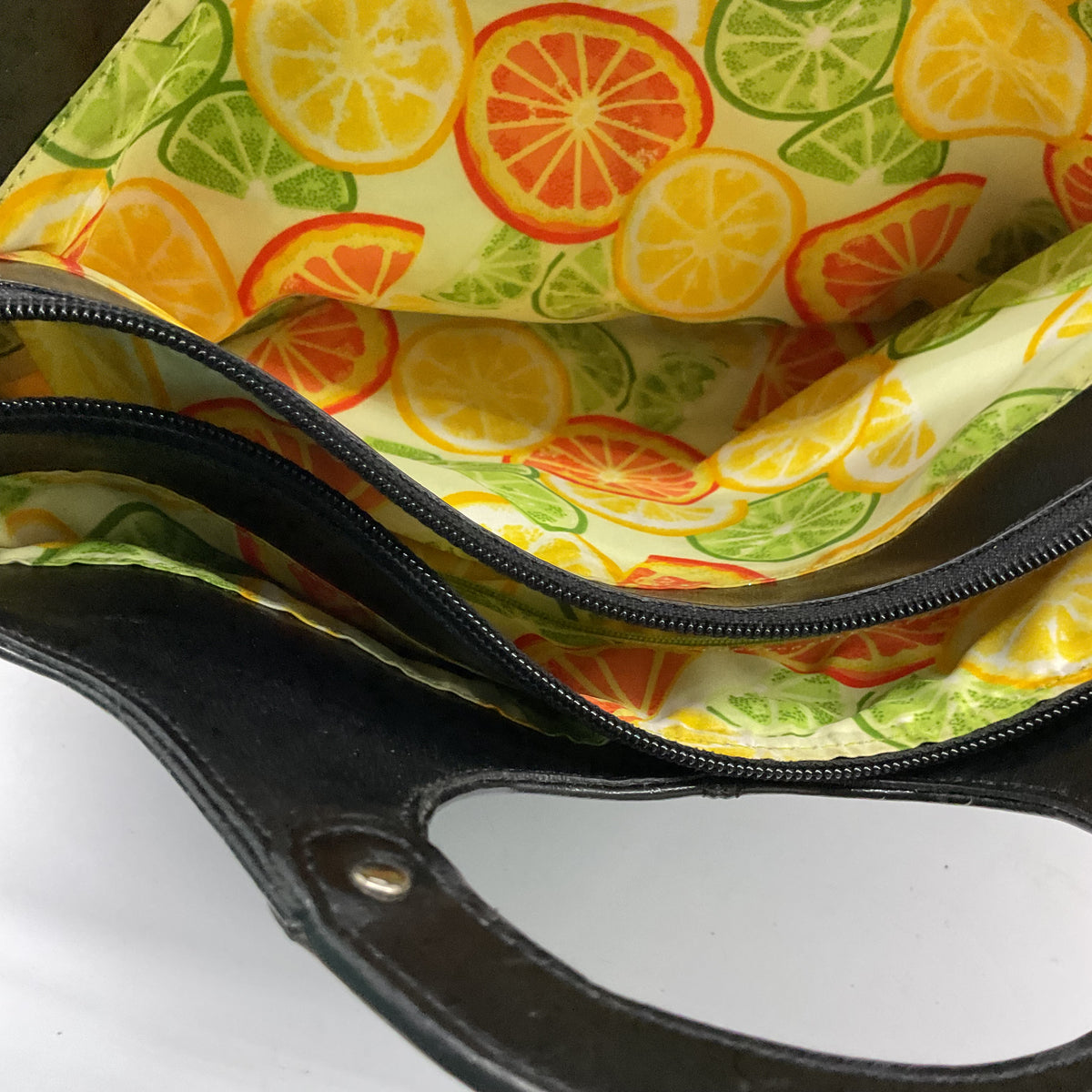 Vintage Black Leather Satchel Handbag with Citrus Print Lining