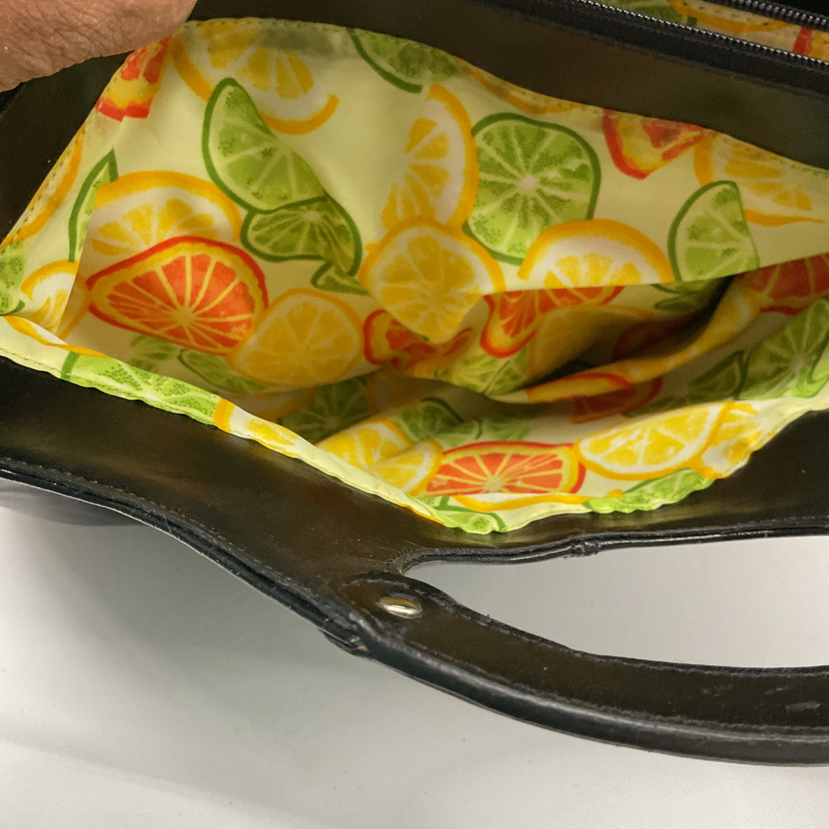 Vintage Black Leather Satchel Handbag with Citrus Print Lining