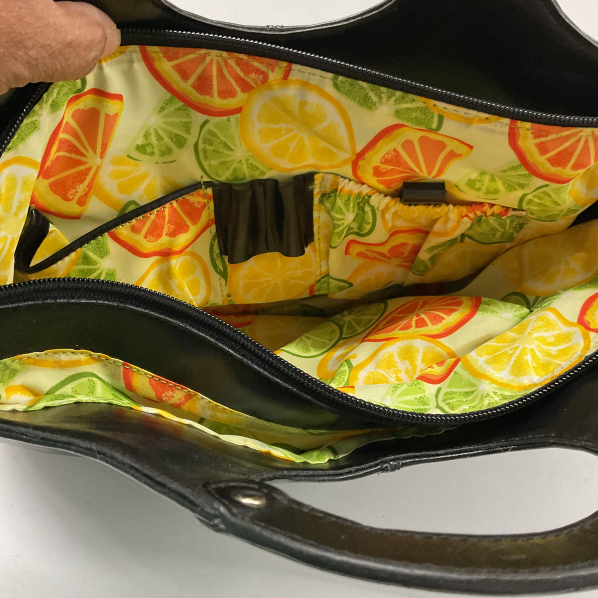 Vintage Black Leather Satchel Handbag with Citrus Print Lining