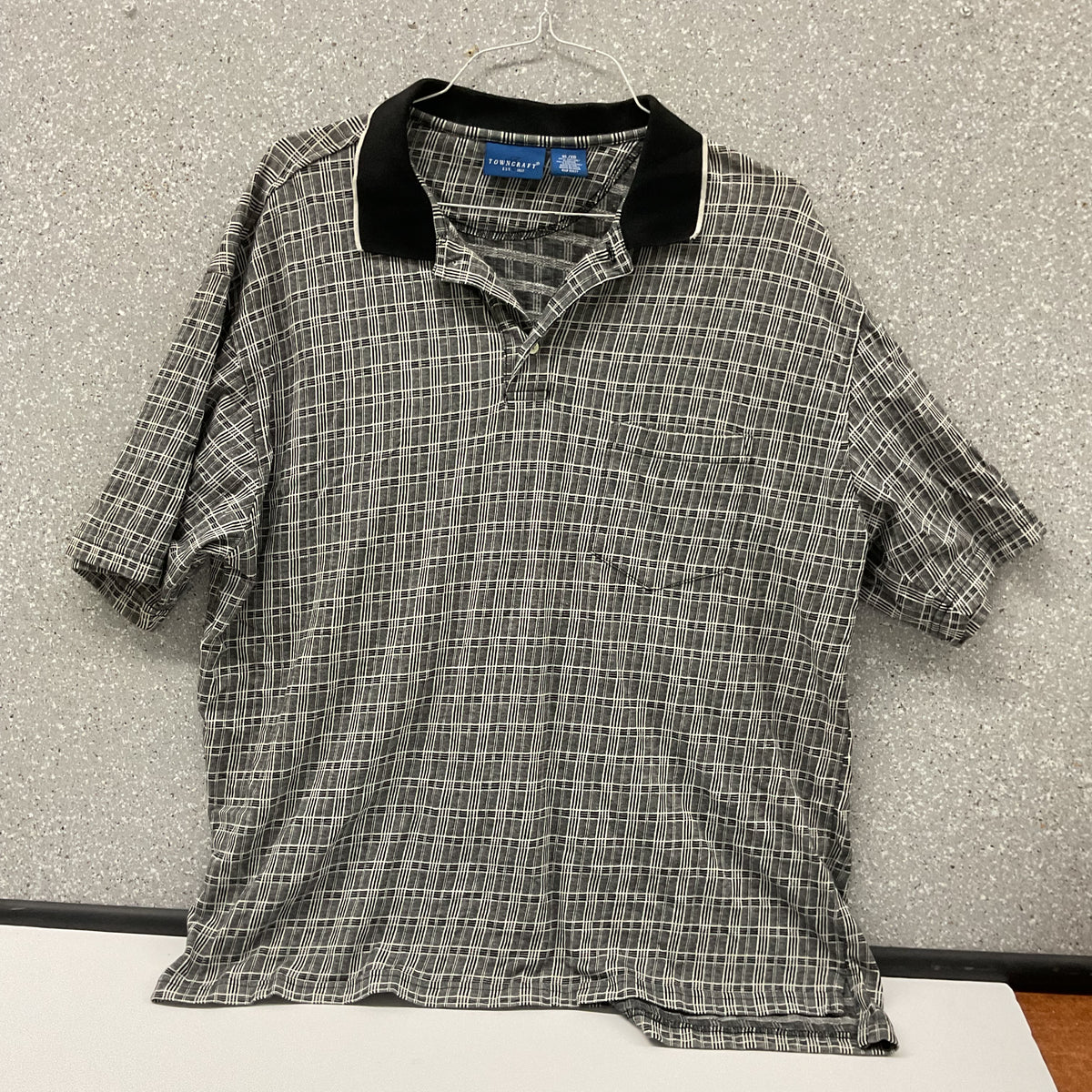 Towncraft Polo Shirt Men's XL Black Gray White Plaid Pocket Cotton Blend
