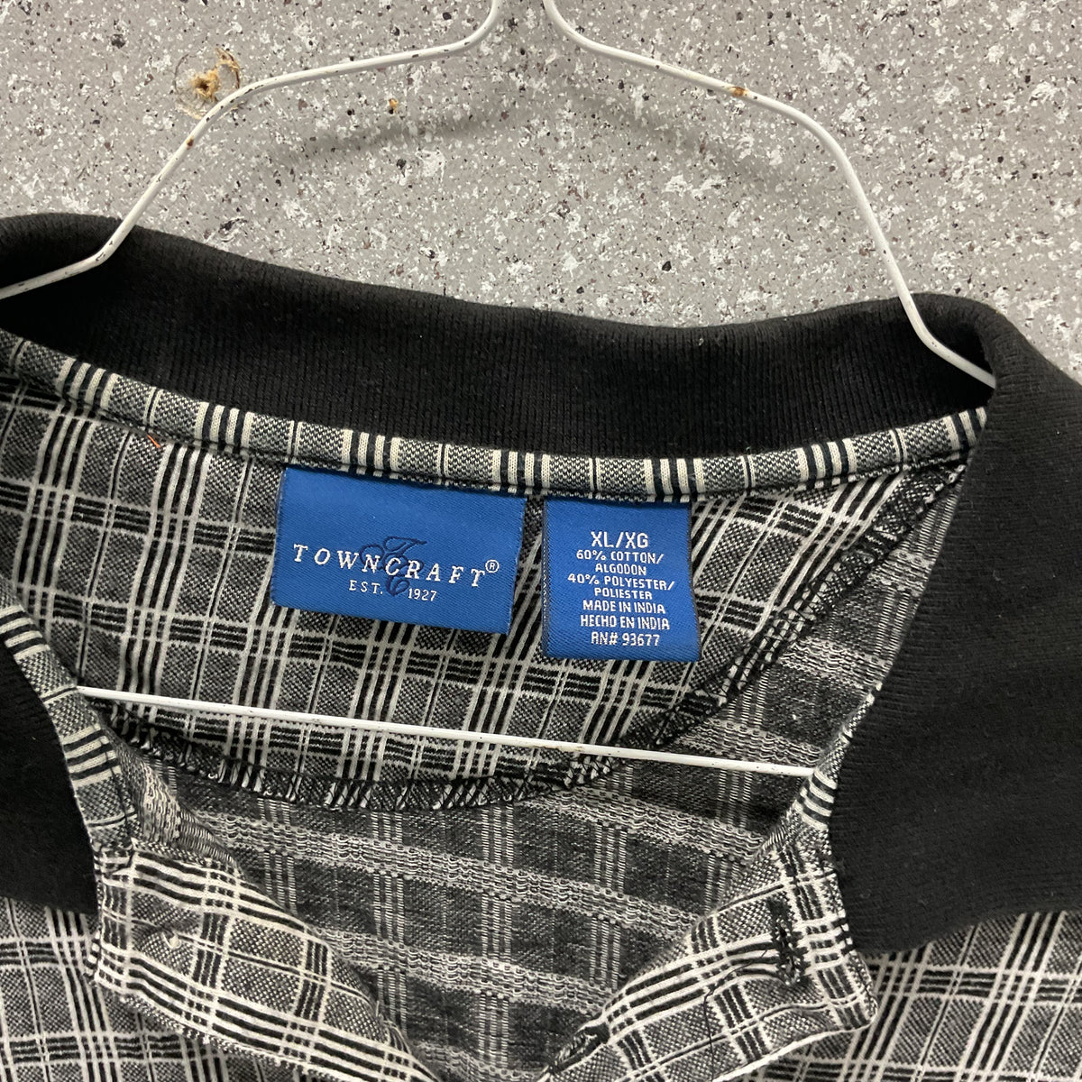 Towncraft Polo Shirt Men's XL Black Gray White Plaid Pocket Cotton Blend