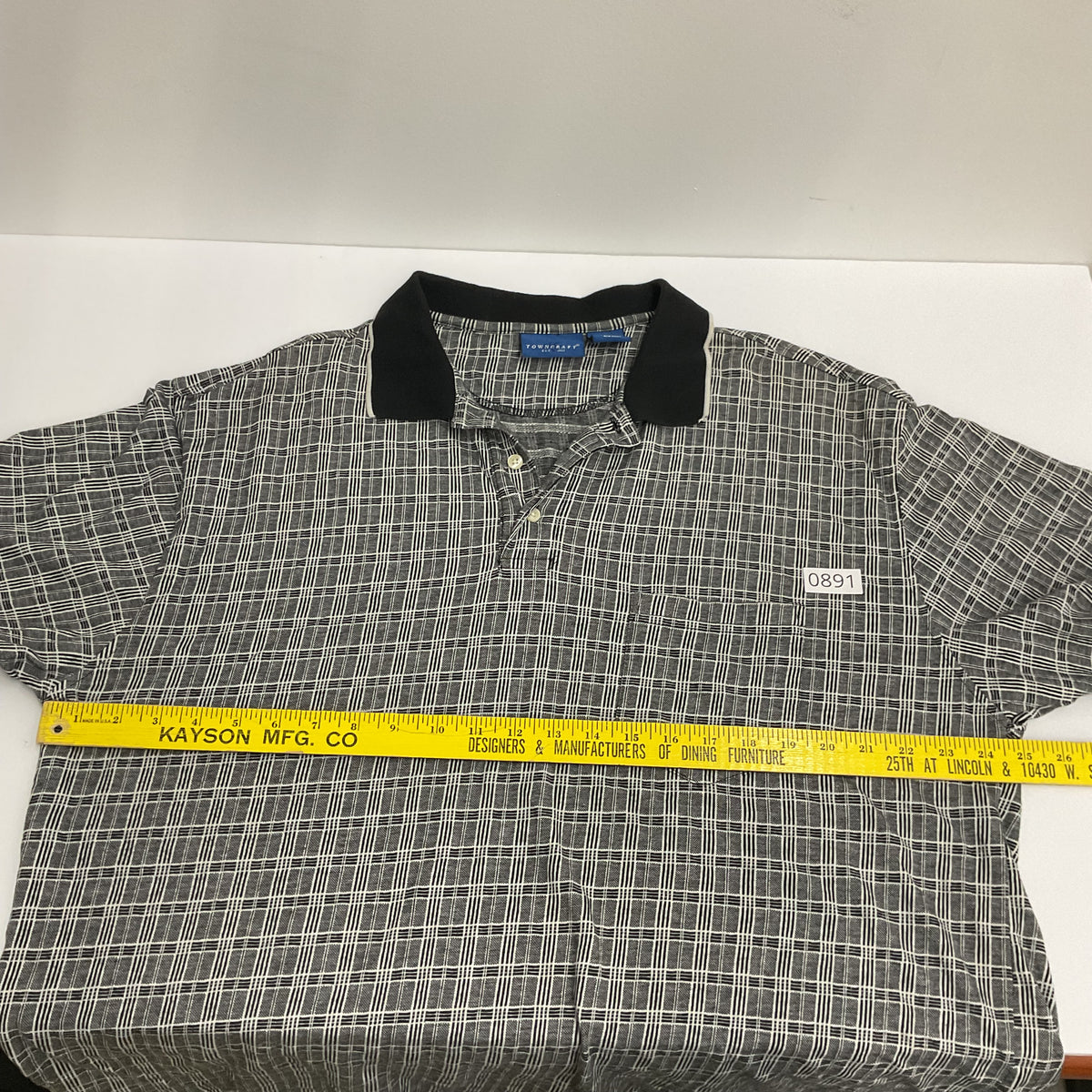 Towncraft Polo Shirt Men's XL Black Gray White Plaid Pocket Cotton Blend